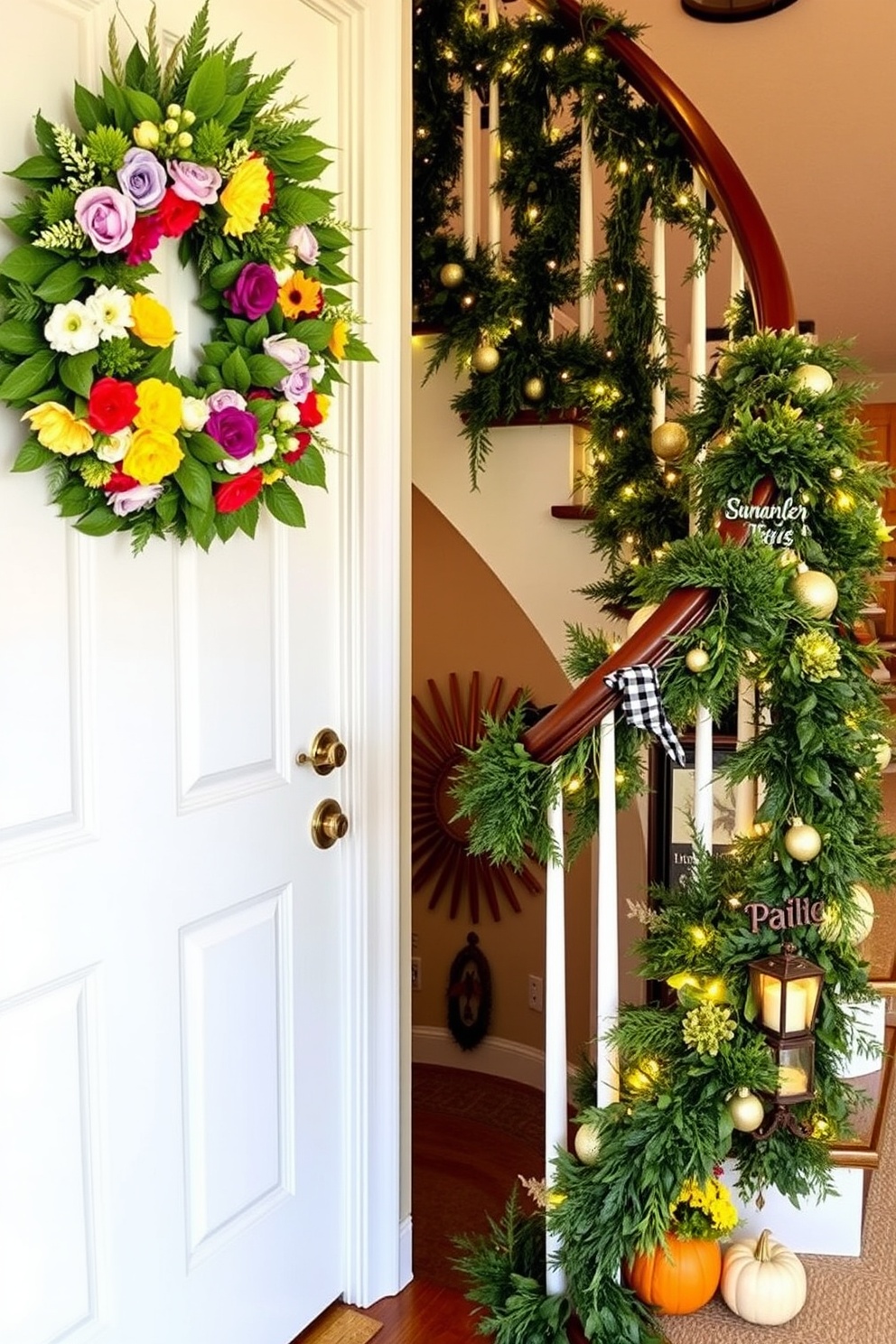 Seasonal wreaths adorn the front door, crafted from vibrant flowers and lush greenery to create a warm and inviting atmosphere. The wreaths reflect the essence of each season, with bright colors for spring and rich tones for autumn. The staircase is elegantly decorated with cascading garlands of greenery intertwined with fairy lights. Accents of seasonal decorations, such as pumpkins in fall or delicate ornaments in winter, enhance the staircase’s charm and create a cohesive look throughout the home.