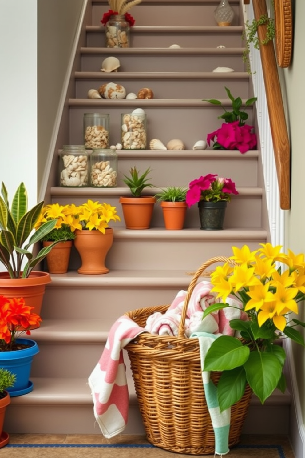 Coastal themed decor with seashells. The staircase is adorned with a collection of various seashells displayed in glass jars, creating a beach-inspired atmosphere. Summer staircase decorating ideas. Brightly colored potted plants line the steps, while a woven basket filled with beach towels rests at the bottom, inviting a relaxed summer vibe.