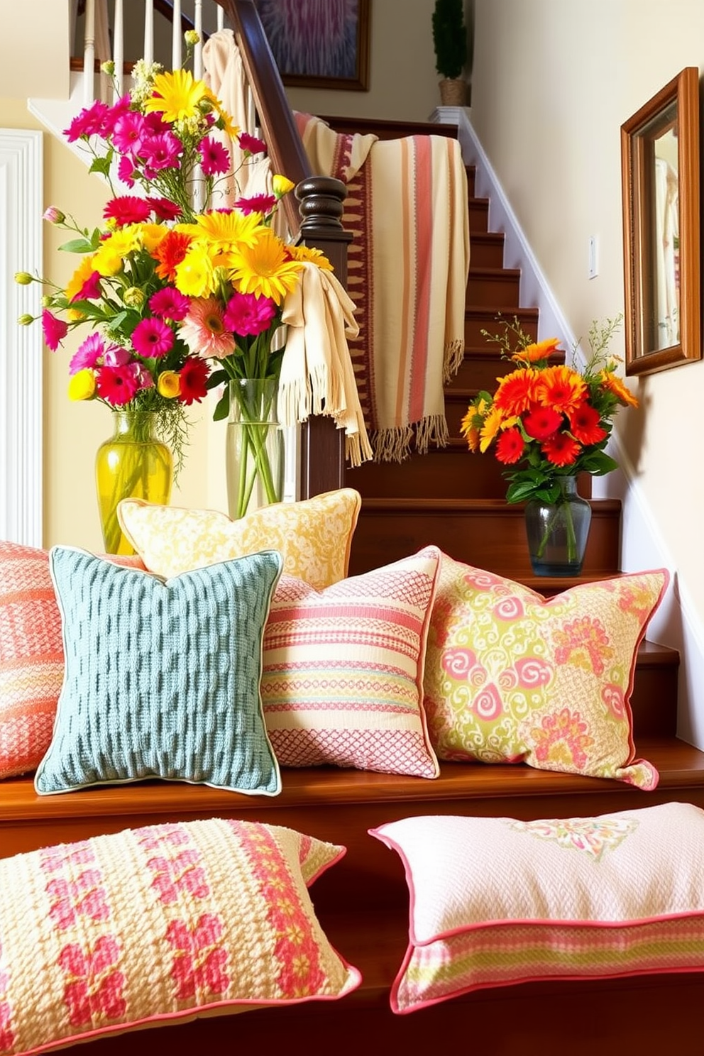 Textured cushions are arranged on the stairway landing, adding a cozy and inviting touch to the space. The cushions feature a mix of vibrant colors and patterns that complement the surrounding decor, creating a cheerful atmosphere. Summer-themed decorations adorn the staircase, with fresh flowers in bright vases and light, airy fabrics draped along the railing. The overall design exudes a sense of warmth and relaxation, perfect for the sunny season.