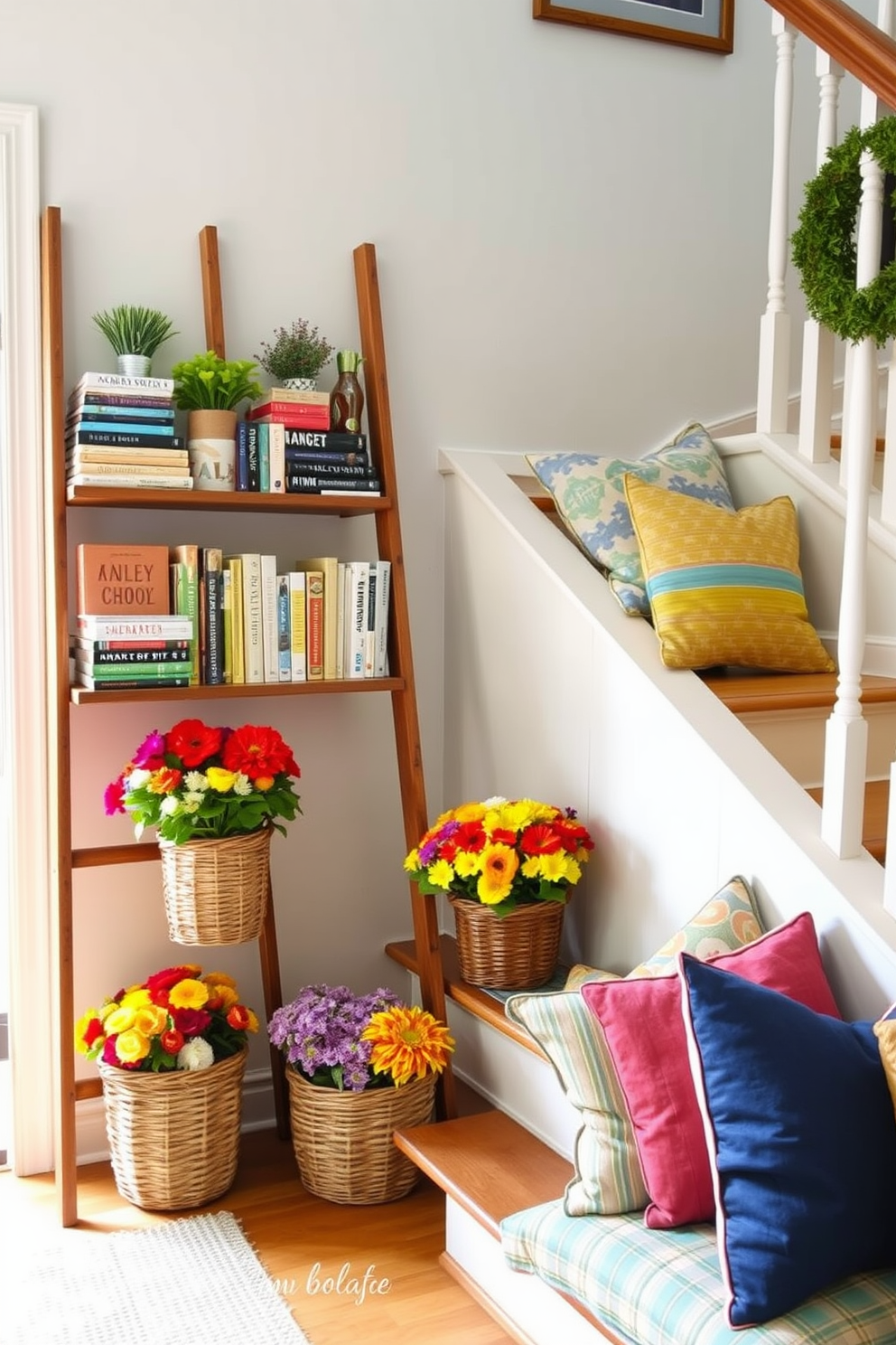 A rustic wooden ladder leans against a wall, showcasing a curated collection of summer-themed books. The ladder is adorned with small potted plants and decorative items, creating a charming focal point in the room. The staircase is decorated with vibrant summer flowers in woven baskets placed on each step. Soft, colorful throw pillows are arranged on the staircase landing, inviting a cozy and welcoming atmosphere.