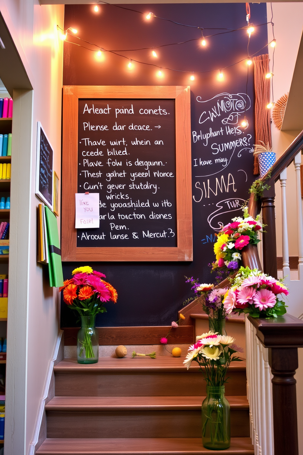 A chalkboard wall serves as a creative canvas for messages and artwork. It is framed with rustic wood and surrounded by colorful chalk and vibrant art supplies. The staircase is adorned with summer-themed decorations that evoke a cheerful atmosphere. Fresh flowers in bright vases line the steps, while string lights twinkle overhead, creating a warm and inviting ambiance.