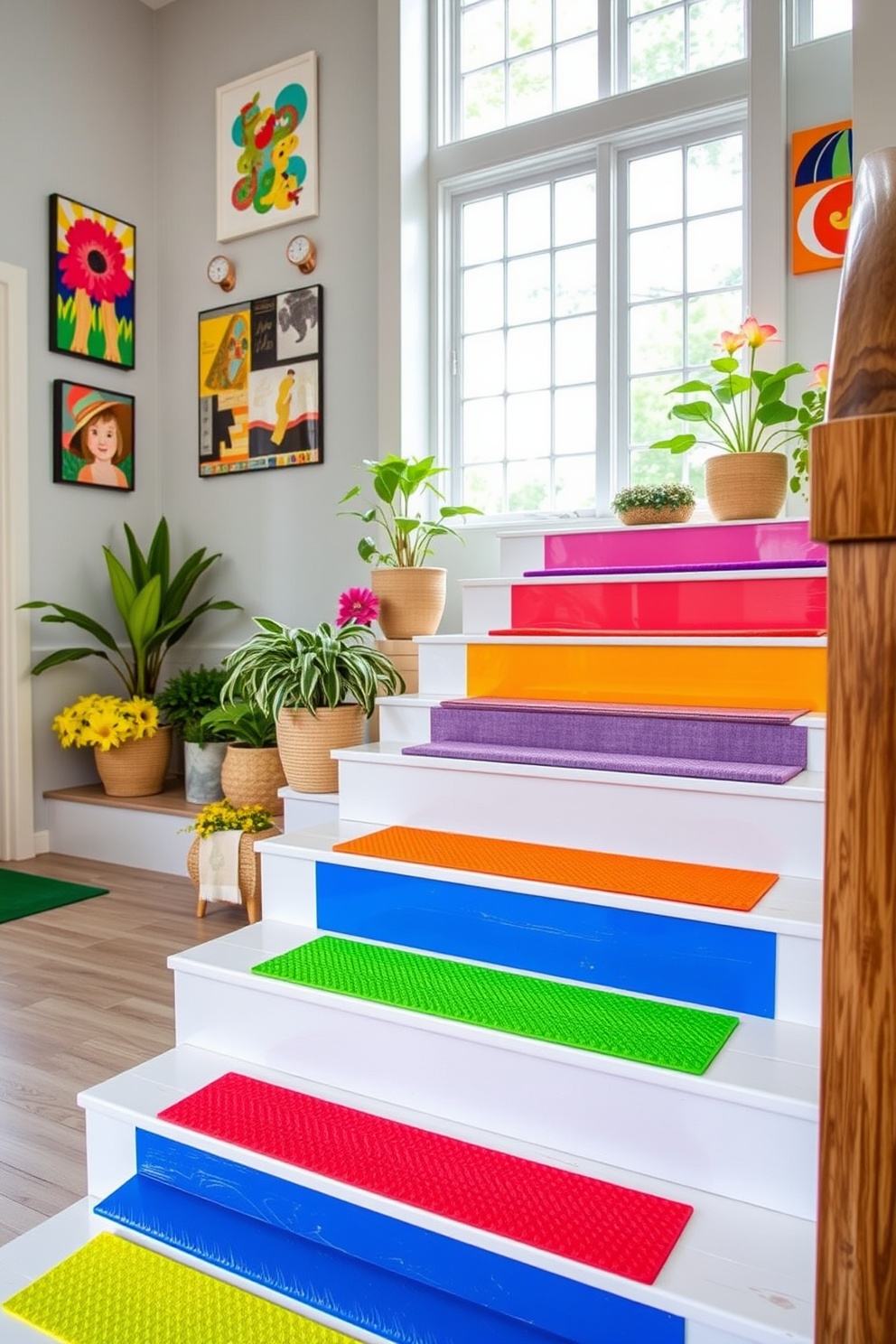 Brightly colored stair treads are installed on each step of a modern staircase, providing both safety and a vibrant aesthetic. The treads feature a variety of bold hues, creating a playful contrast against the sleek, white wooden steps. The staircase is adorned with seasonal summer decorations, including potted plants and colorful artwork on the walls. Soft natural light filters through large windows, illuminating the cheerful decor and enhancing the inviting atmosphere.