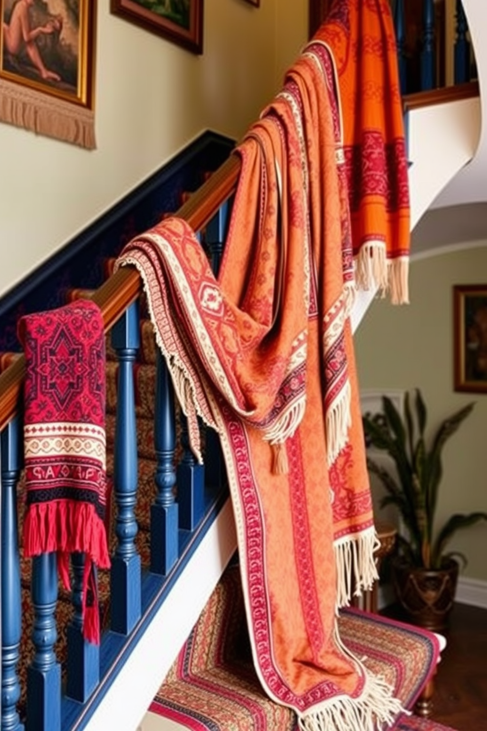 A vibrant staircase adorned with bohemian textiles flowing gracefully along the railing. The textiles feature intricate patterns and earthy tones, creating a warm and inviting atmosphere.