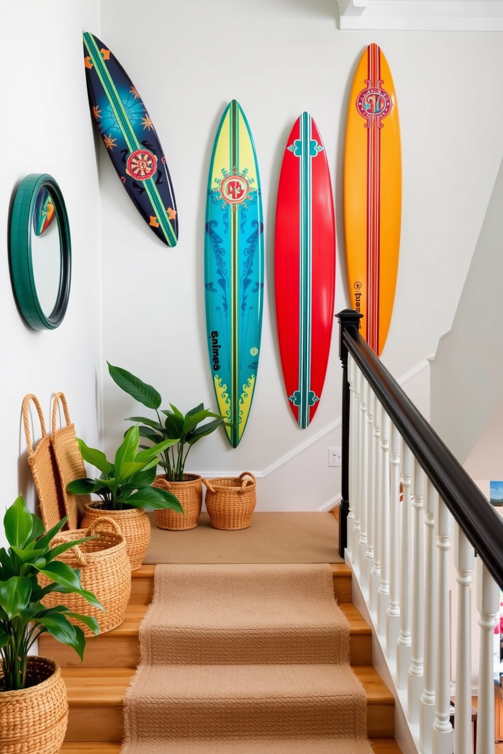 Decorative surfboards hang elegantly on the wall, showcasing vibrant colors and intricate designs that capture the essence of summer. The surfboards are arranged in a staggered pattern, creating a playful and inviting atmosphere in the space. The staircase is adorned with bright, cheerful accents that reflect a beachy vibe, including woven baskets and potted tropical plants. Soft, textured rugs line the steps, adding warmth and comfort while enhancing the coastal theme.