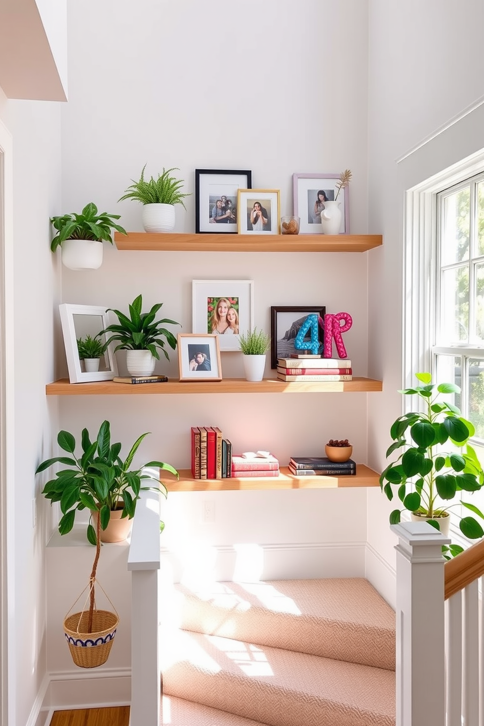 A bright and airy staircase adorned with floating shelves that allow for easy decor changes. Each shelf is styled with a mix of potted plants, framed photos, and decorative books, creating a personalized and inviting atmosphere. In the summer, the shelves are refreshed with vibrant colors and seasonal decorations. Sunlight filters through a nearby window, enhancing the cheerful ambiance of the space.