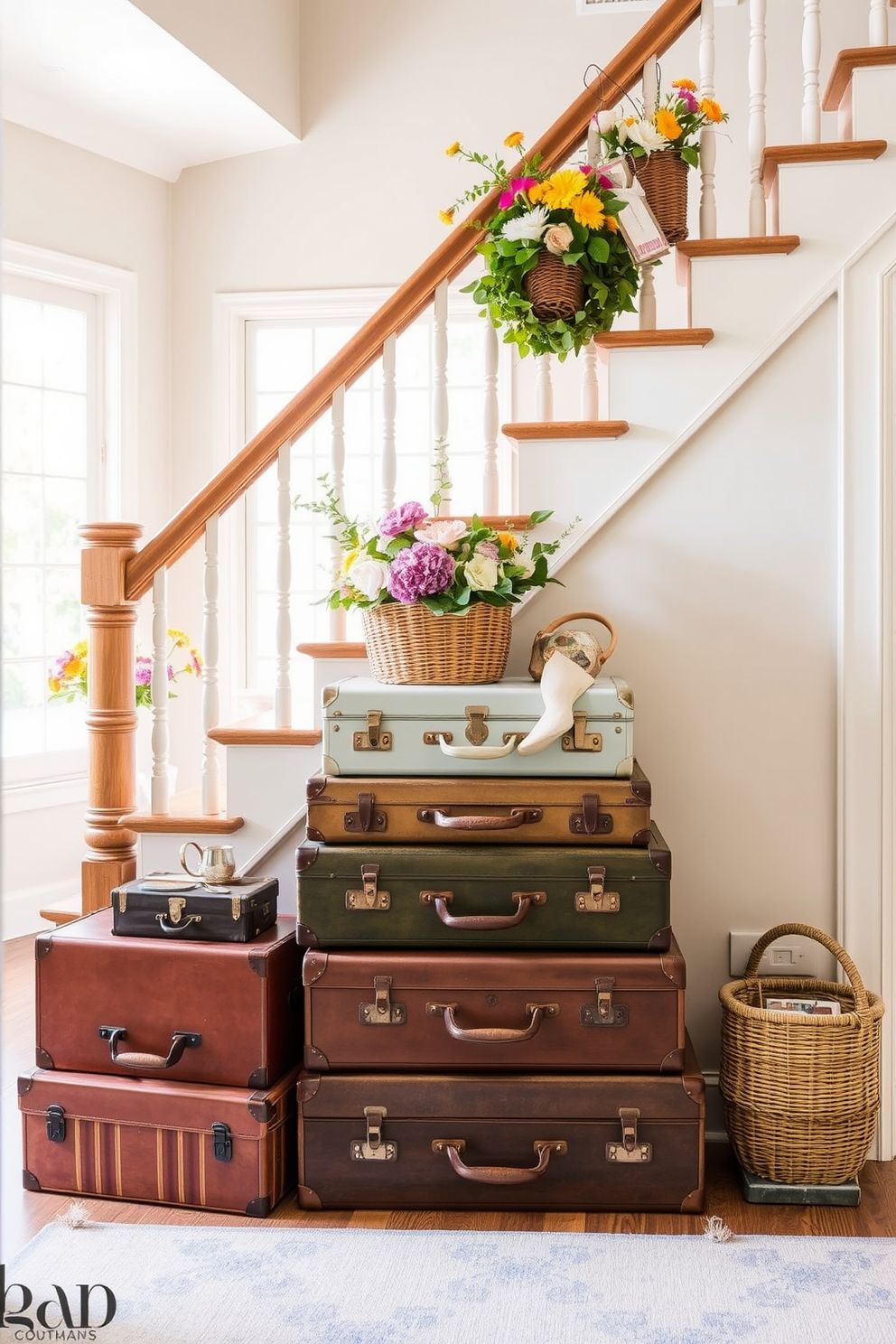 A collection of vintage suitcases stacked artfully at the base of a staircase creates a charming travel-inspired vignette. The suitcases, in various colors and sizes, evoke a sense of adventure and nostalgia, inviting guests to explore the stories they hold. The staircase itself is adorned with summer-themed decorations, featuring fresh flowers in bright hues and woven baskets filled with seasonal items. Soft, natural light filters through nearby windows, enhancing the warm and inviting atmosphere of the space.