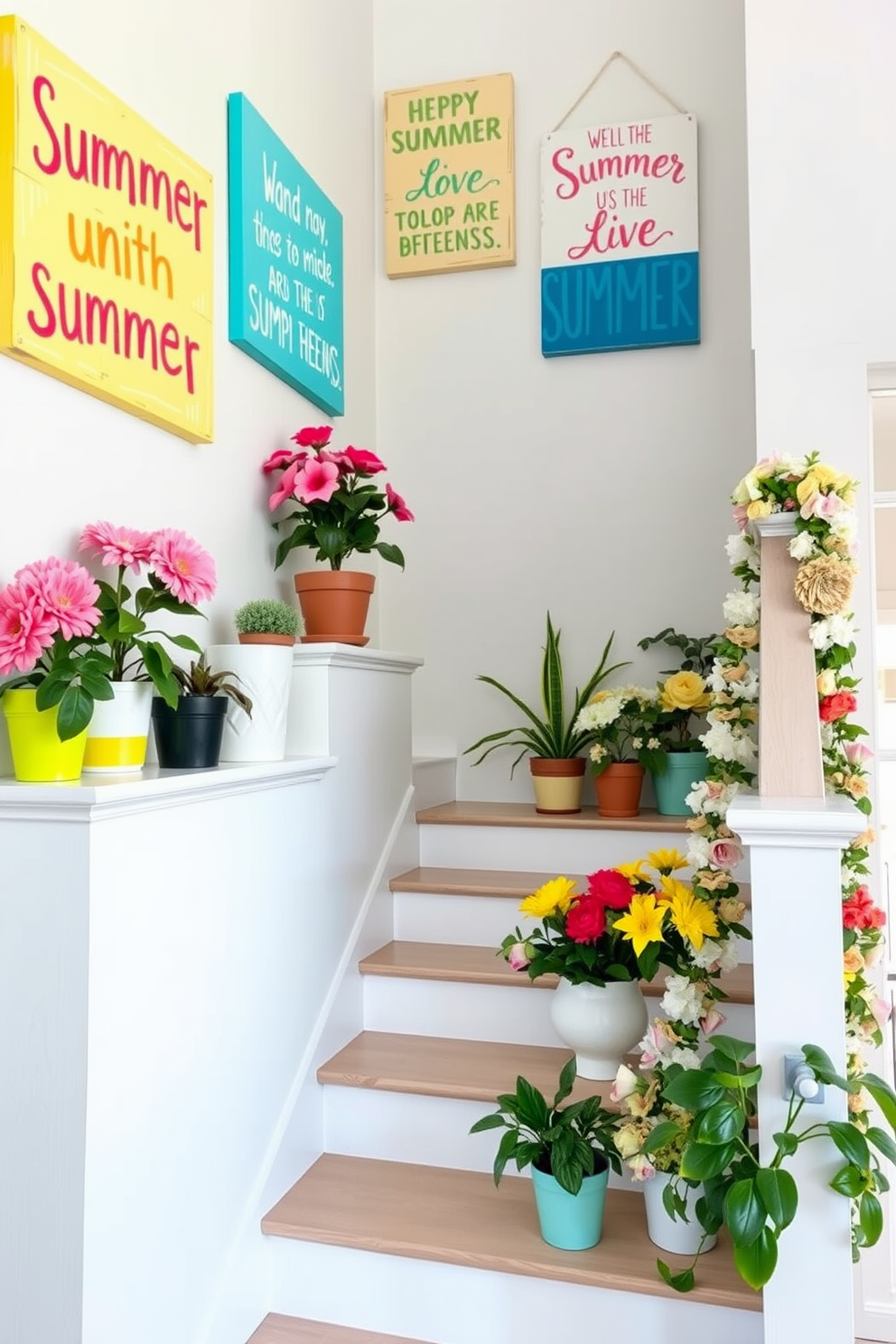 Hand-painted signs featuring uplifting summer quotes adorn the walls, bringing a cheerful vibe to the space. Each sign is crafted with vibrant colors and playful fonts, perfectly complementing the seasonal decor. The staircase is decorated with an array of summer-themed accents, including potted plants and garlands of fresh flowers. Soft, bright colors dominate the decor, creating a welcoming and airy atmosphere as you ascend the stairs.