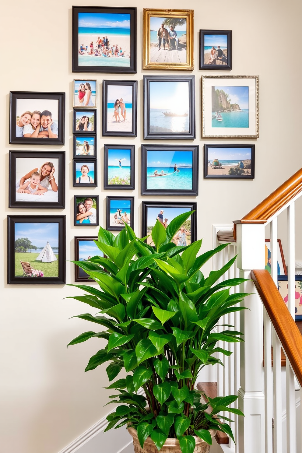 A gallery wall filled with vibrant summer vacation photos captures the essence of joyful memories. The arrangement features a mix of frame styles and sizes, showcasing candid moments and scenic views in a cohesive layout. The staircase is adorned with decorative elements that enhance its charm and functionality. Lush greenery in stylish planters and carefully placed art pieces create an inviting atmosphere while guiding the eye upward.