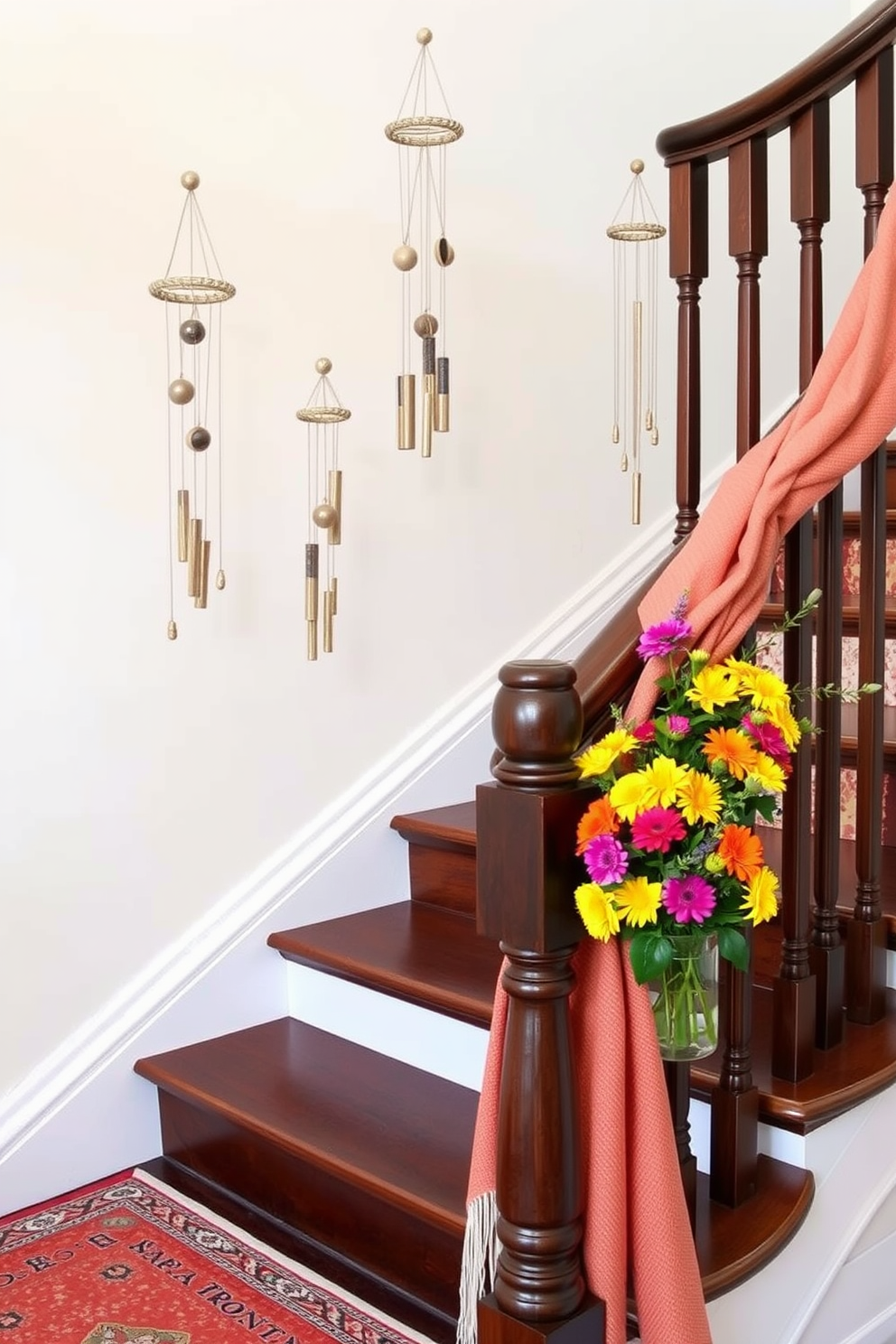 A serene staircase adorned with decorative wind chimes that gently sway in the breeze. The chimes are crafted from natural materials, adding a calming sound to the space while enhancing the visual appeal of the staircase. Bright summer colors grace the staircase with vibrant floral arrangements placed on each step. Soft, textured fabrics drape along the railing, creating a warm and inviting atmosphere for the season.