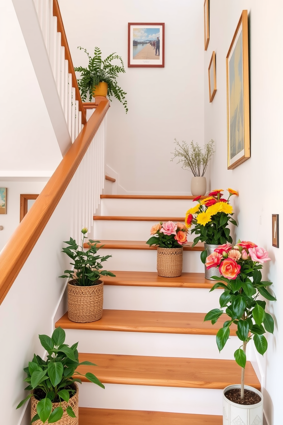 A bright and airy staircase adorned with natural wood accents creates a warm and inviting atmosphere. The wooden handrail seamlessly blends with the white walls, while potted plants in woven baskets line the steps, bringing a touch of nature indoors. To enhance the summer feel, light and cheerful decor elements are added to the staircase. Colorful artwork and seasonal floral arrangements in vibrant hues are placed on the steps, inviting a sense of joy and warmth to the space.