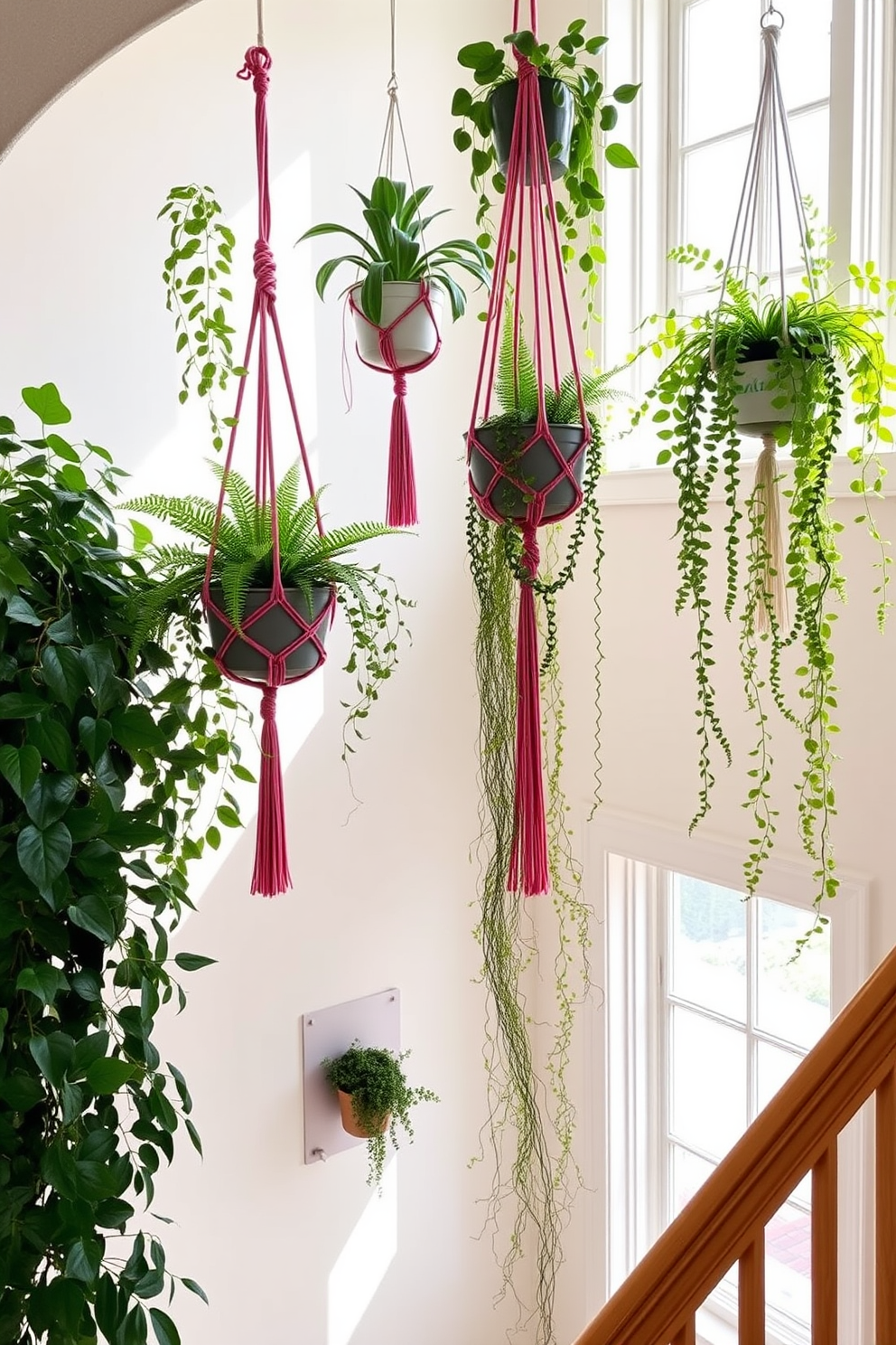 A bright and airy staircase adorned with a variety of hanging plants cascading from above. The lush greenery complements the warm wooden banister and is illuminated by natural light streaming through large windows. Vibrant macrame plant hangers hold ferns and trailing vines at different heights, creating visual interest. Soft, neutral tones on the walls enhance the fresh and inviting atmosphere of the summer staircase.