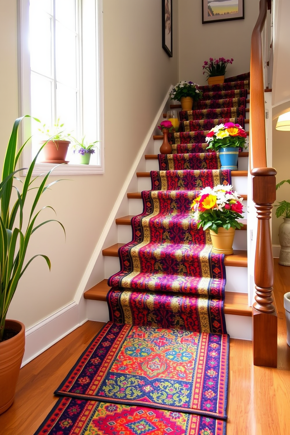 A vibrant runner rug stretches along the staircase, featuring a mix of bold colors and intricate patterns that enhance the visual appeal. The rug adds warmth and texture, creating a welcoming atmosphere as it guides the eye up the stairs. The staircase is adorned with summer-themed decorations, including potted plants and bright floral arrangements on the steps. Sunlight streams in through a nearby window, illuminating the space and highlighting the cheerful decor.