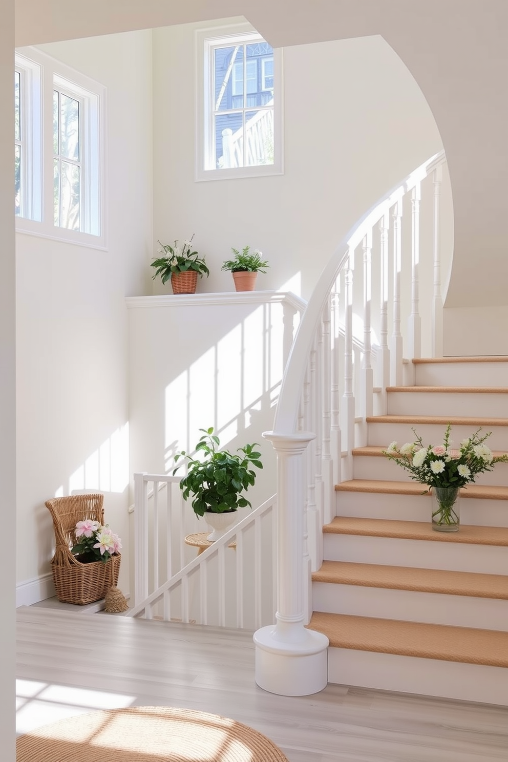 A light and airy staircase features a white banister that elegantly curves along the steps. The walls are adorned with soft pastel colors, complemented by natural light streaming in from large windows. Decorative elements include potted plants on the landing and a woven rug at the base of the stairs. Fresh flowers in a vase add a touch of summer charm, enhancing the inviting atmosphere.