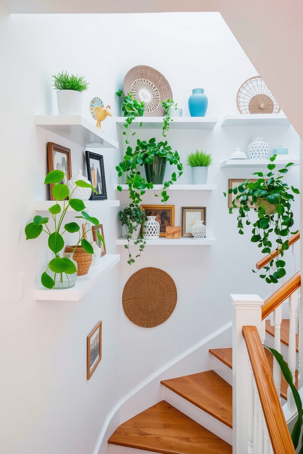 A bright and airy staircase adorned with wall-mounted shelves showcasing an array of decorative items. The shelves are painted in a crisp white, contrasting beautifully against the warm wooden staircase, creating an inviting focal point. Lush green plants are strategically placed on the shelves, adding a touch of nature to the space. Soft, ambient lighting highlights the decorative pieces, enhancing the overall summer vibe of the staircase.