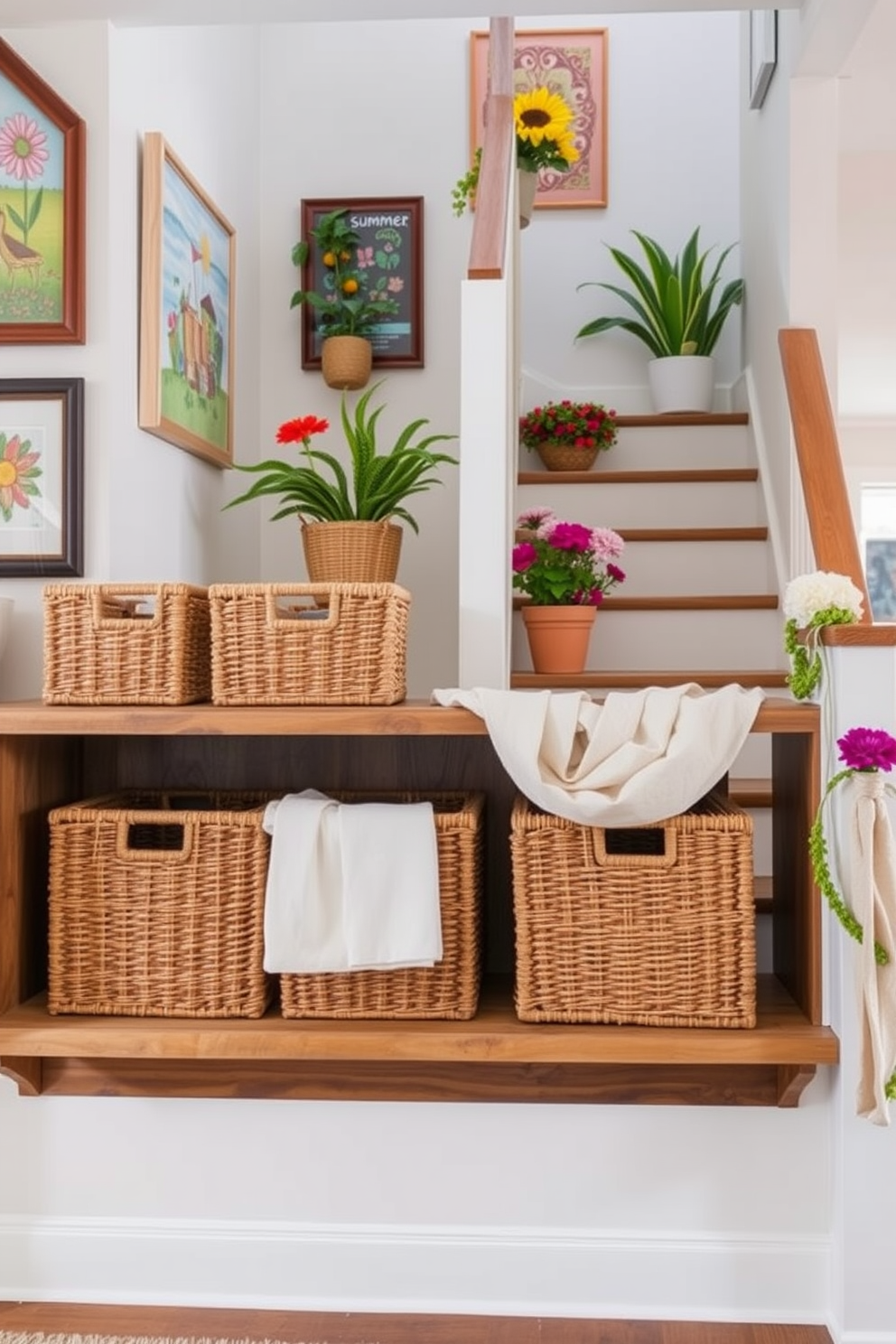 Wicker baskets are arranged on a rustic wooden shelf, providing stylish storage solutions that blend functionality with aesthetic appeal. The natural textures of the baskets complement the surrounding decor, creating a warm and inviting atmosphere. The staircase is adorned with vibrant summer-themed decorations, featuring colorful potted plants and cheerful artwork along the walls. Soft, light fabrics drape over the banister, adding a breezy feel that enhances the seasonal charm of the space.