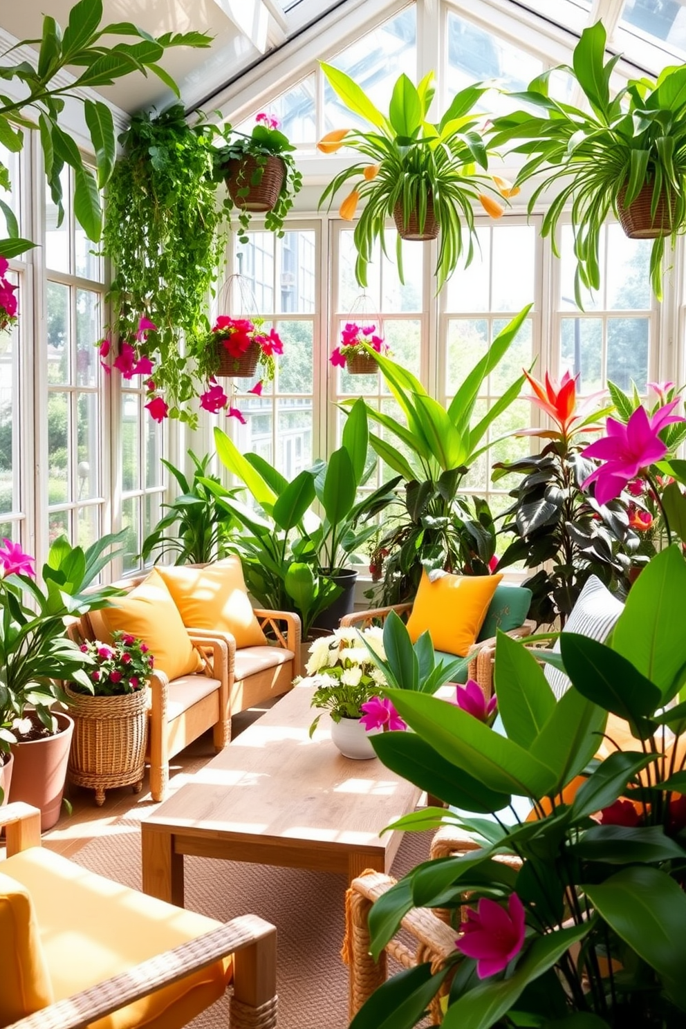 A bright summer sunroom filled with vibrant tropical plants creating a refreshing atmosphere. Large windows allow natural sunlight to flood the space, highlighting the lush greenery and colorful blooms. Comfortable seating arranged around a light wooden coffee table invites relaxation and conversation. Soft cushions in bright colors complement the lively decor, enhancing the cheerful vibe of the room.