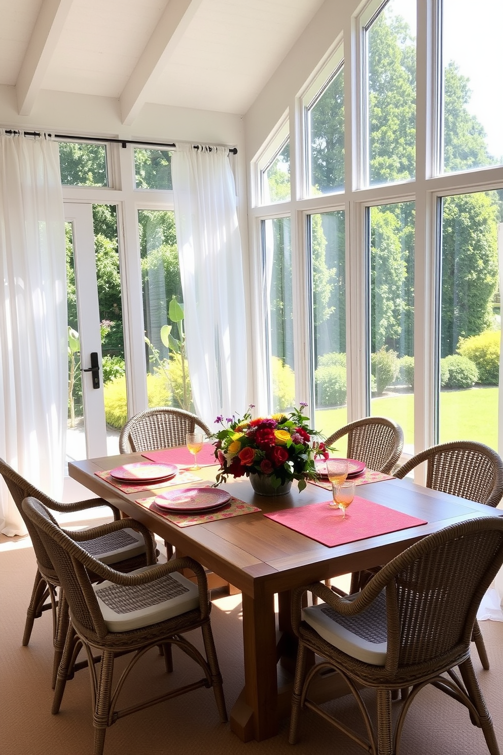 A sun-drenched dining table setup features a large wooden table surrounded by comfortable rattan chairs. The table is adorned with a vibrant floral centerpiece and colorful placemats, creating a welcoming atmosphere. The sunroom is filled with natural light, thanks to large windows that open to a lush garden view. Soft, sheer curtains flutter gently in the breeze, enhancing the cheerful and relaxed vibe of the space.