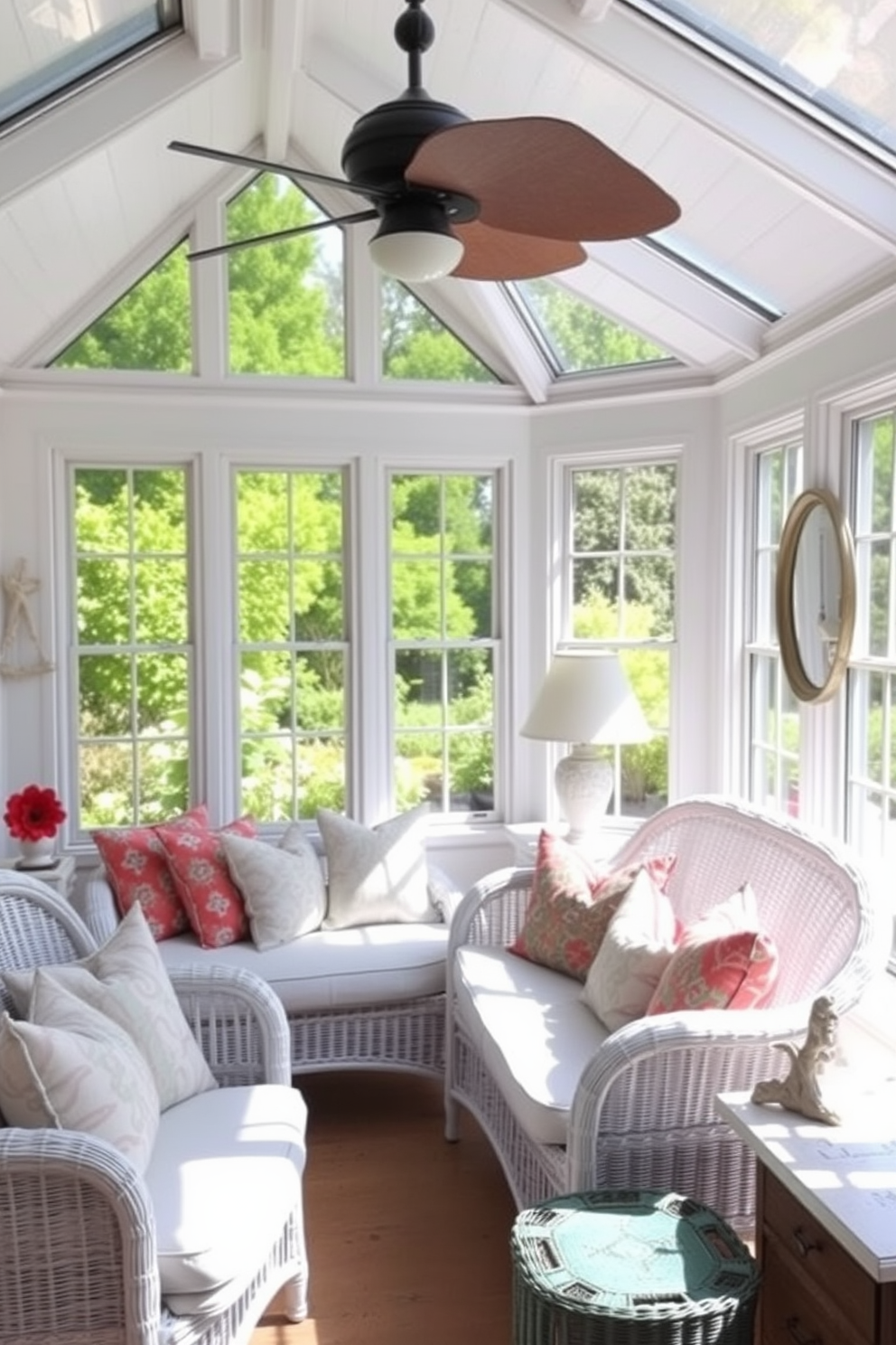 A bright and airy sunroom filled with natural light. The space features large windows that open up to a beautiful garden, creating a seamless connection with nature. Cozy seating arrangements include a white wicker sofa adorned with colorful throw pillows. Beach-themed decor items such as seashells, driftwood accents, and nautical-inspired artwork enhance the coastal vibe.