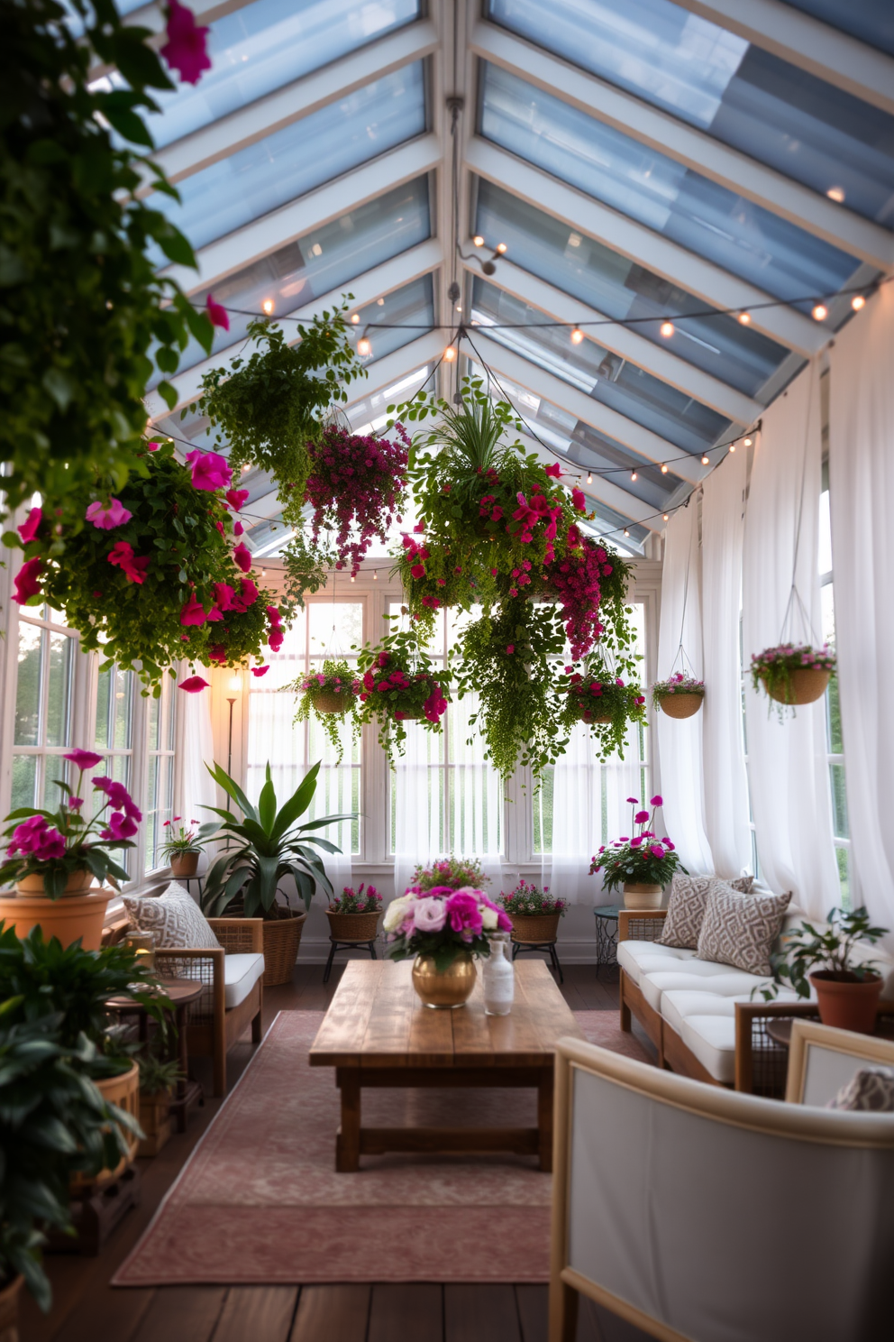 A bright and airy sunroom filled with lush greenery and vibrant flowers. Soft seating arrangements are placed around a rustic wooden coffee table, creating a cozy gathering space. String lights are delicately hung across the ceiling beams, casting a warm glow as evening falls. The walls are adorned with light, breezy curtains that flutter gently in the summer breeze.