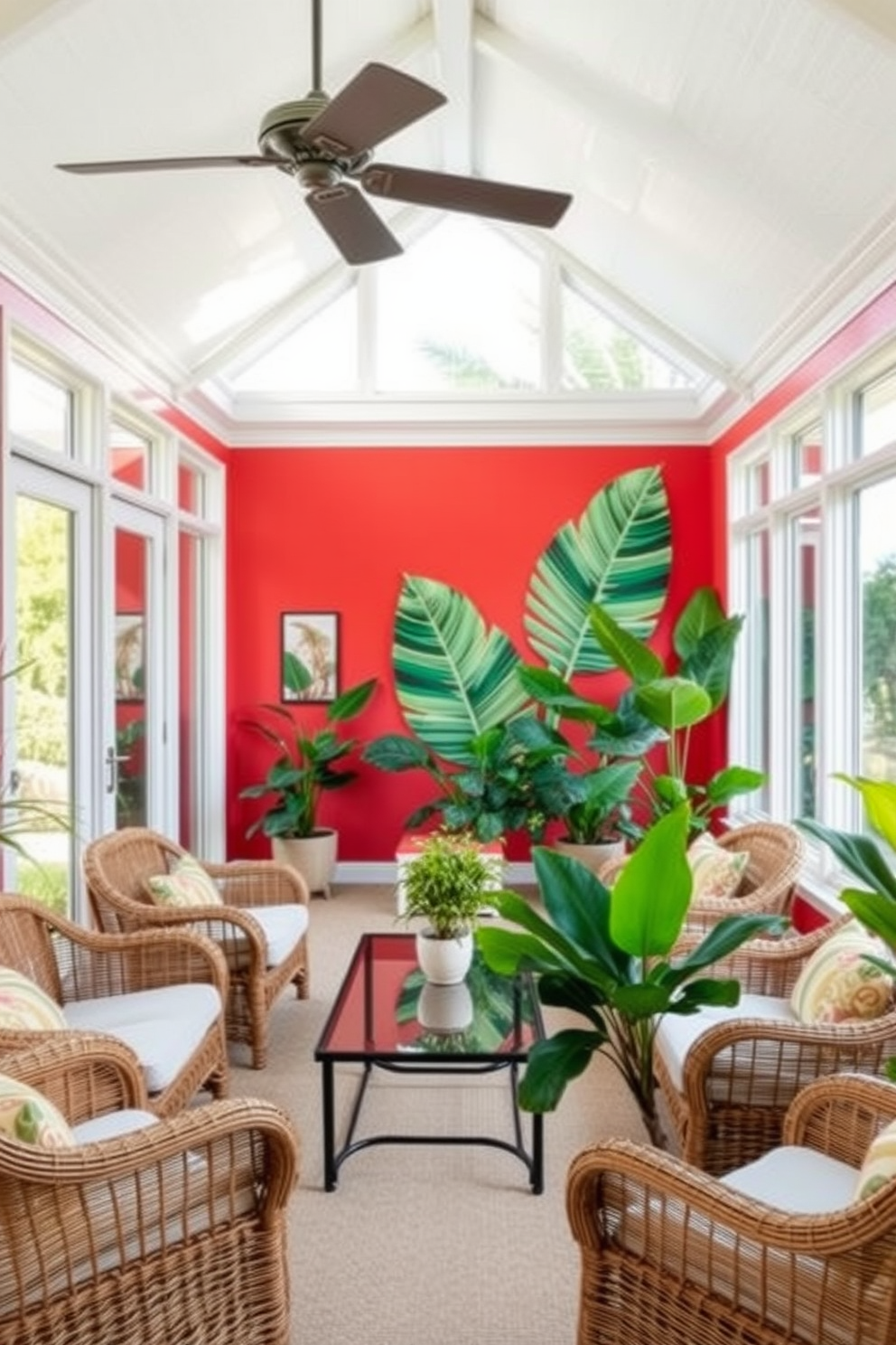 A bright and airy sunroom filled with natural light. The focal point is a bold accent wall painted in a vibrant coral color, adorned with large tropical leaf patterns. Comfortable rattan furniture is arranged around a glass coffee table, creating an inviting space for relaxation. Lush green plants are placed in various corners, enhancing the tropical vibe of the room.