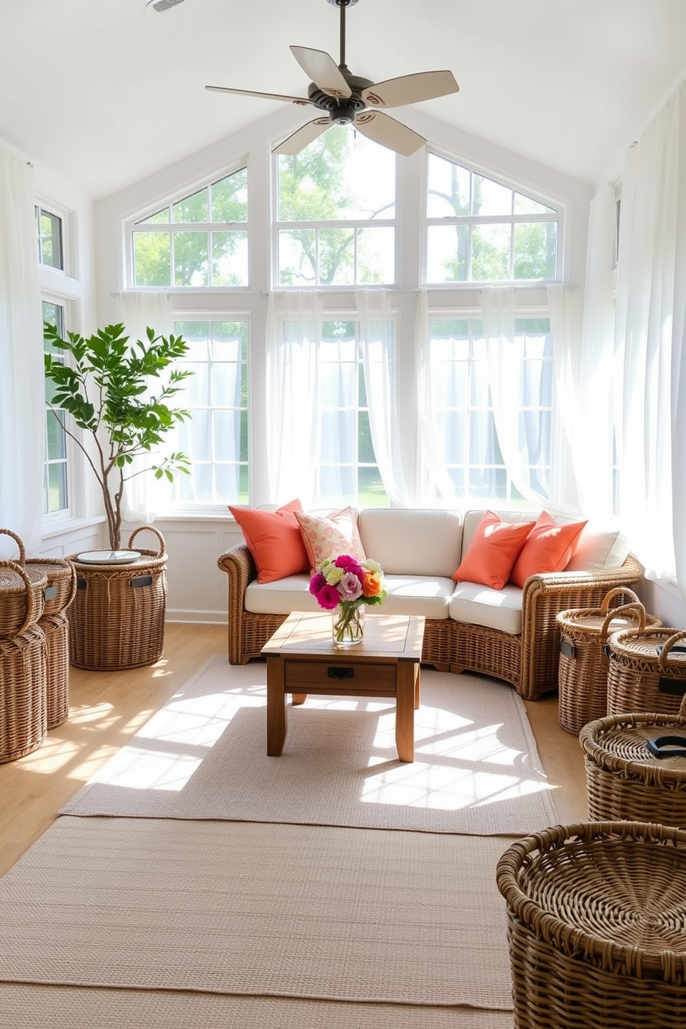 A bright and airy sunroom filled with natural light. The space features large windows with sheer white curtains that flutter gently in the breeze. In one corner, a cozy seating area is arranged with a light-colored sofa adorned with vibrant throw pillows. Wicker baskets are placed strategically around the room for stylish storage solutions, adding a touch of warmth and texture. A wooden coffee table sits in the center, topped with a few fresh flowers in a simple vase. The floor is covered with a soft, neutral area rug that complements the overall summer theme.