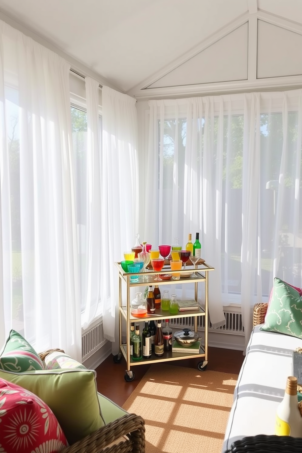 A bright and airy sunroom filled with natural light. The space features large windows dressed in sheer white curtains, allowing the summer sun to filter through. In one corner, a stylish bar cart is elegantly arranged with an assortment of colorful glassware and refreshing beverages. Surrounding the cart are comfortable seating options with vibrant cushions, creating an inviting atmosphere for relaxation and entertaining.