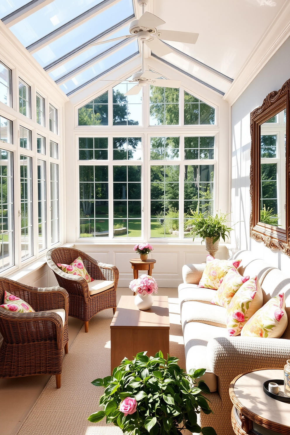 A bright and airy sunroom filled with natural light. Large windows line the walls, allowing the summer sun to flood the space and create a warm atmosphere. In the center, a comfortable seating area features a mix of wicker chairs and a plush sofa adorned with vibrant, floral cushions. A large mirror hangs on one wall, reflecting the light and enhancing the sense of openness in the room.