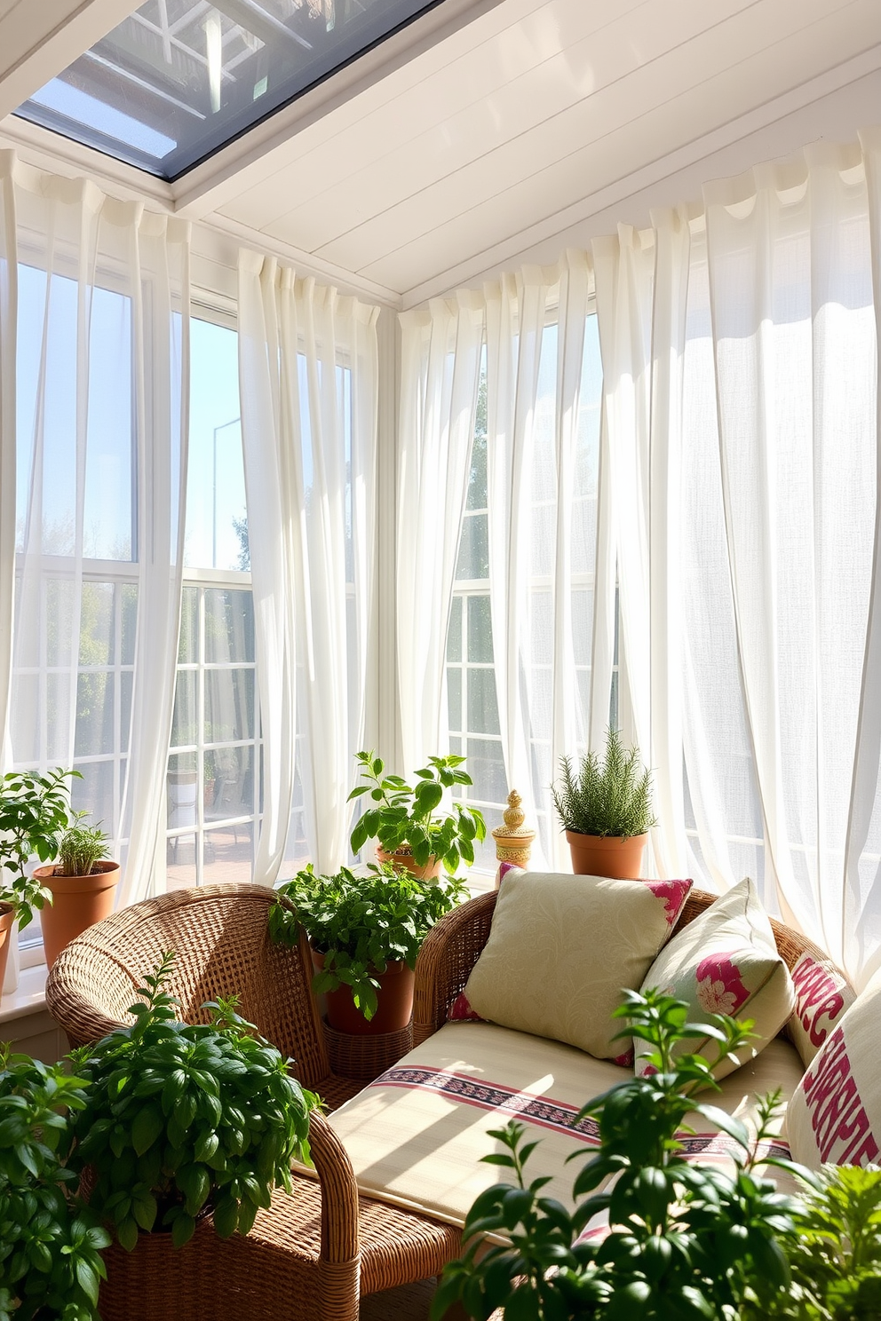 A bright and airy sunroom filled with natural light. There are large windows adorned with sheer white curtains, allowing sunlight to filter through and create a warm atmosphere. In the corners, potted herbs such as basil and rosemary add vibrant green hues and delightful fragrances. A cozy seating area features a rattan sofa with colorful cushions, inviting relaxation and enjoyment of the summer breeze.