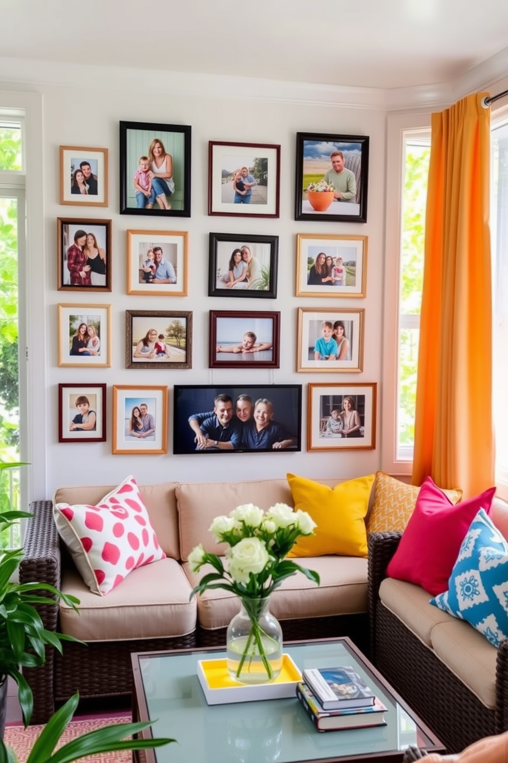 Create a gallery wall filled with framed family photos of various sizes arranged in a cohesive layout. The wall is painted in a soft white color to enhance the visual impact of the images. In the summer sunroom, incorporate bright and cheerful decor with vibrant throw pillows and light, airy curtains. A comfortable seating area with a stylish coffee table invites relaxation while surrounded by lush greenery.