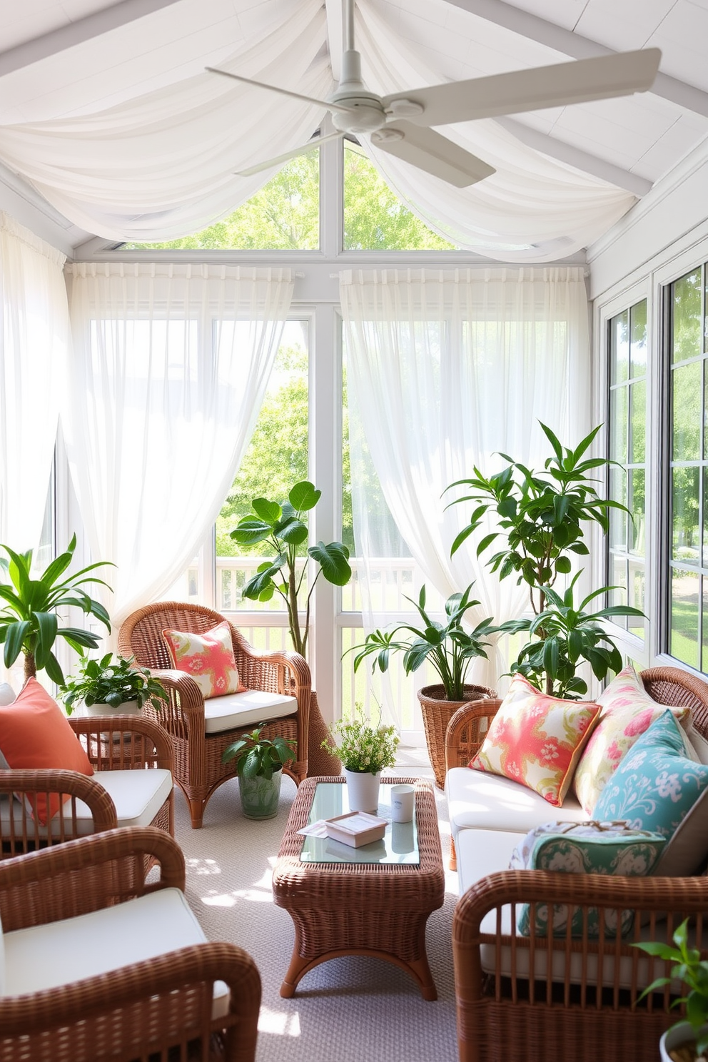 A bright and airy summer sunroom featuring light sheer curtains that flutter gently in the breeze. The room is filled with comfortable rattan furniture adorned with colorful cushions, complemented by potted plants that bring a touch of nature indoors.