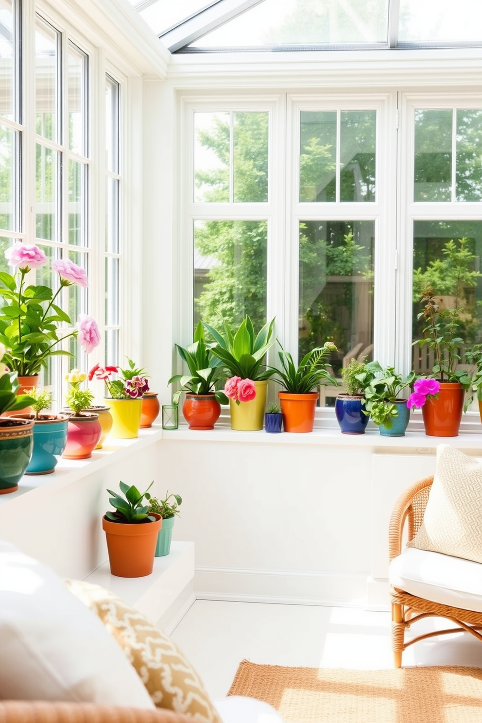 A bright and inviting sunroom filled with natural light. Colorful ceramic planters in various sizes are arranged on the windowsills, showcasing vibrant plants and flowers. The walls are painted in a soft white, creating a fresh backdrop for the lively decor. Comfortable seating with plush cushions invites relaxation, while a woven rug adds texture to the space.