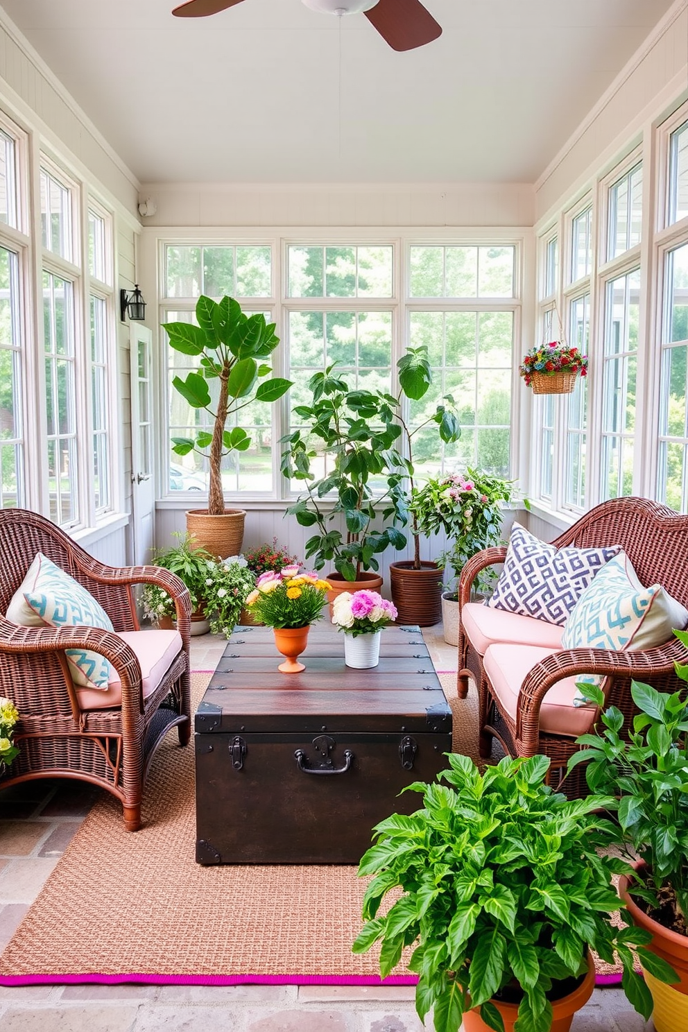 A charming summer sunroom features a vintage trunk as a coffee table, surrounded by comfortable wicker chairs adorned with colorful cushions. Large windows allow natural light to flood the space, while potted plants in various sizes add a touch of greenery and warmth to the inviting atmosphere.