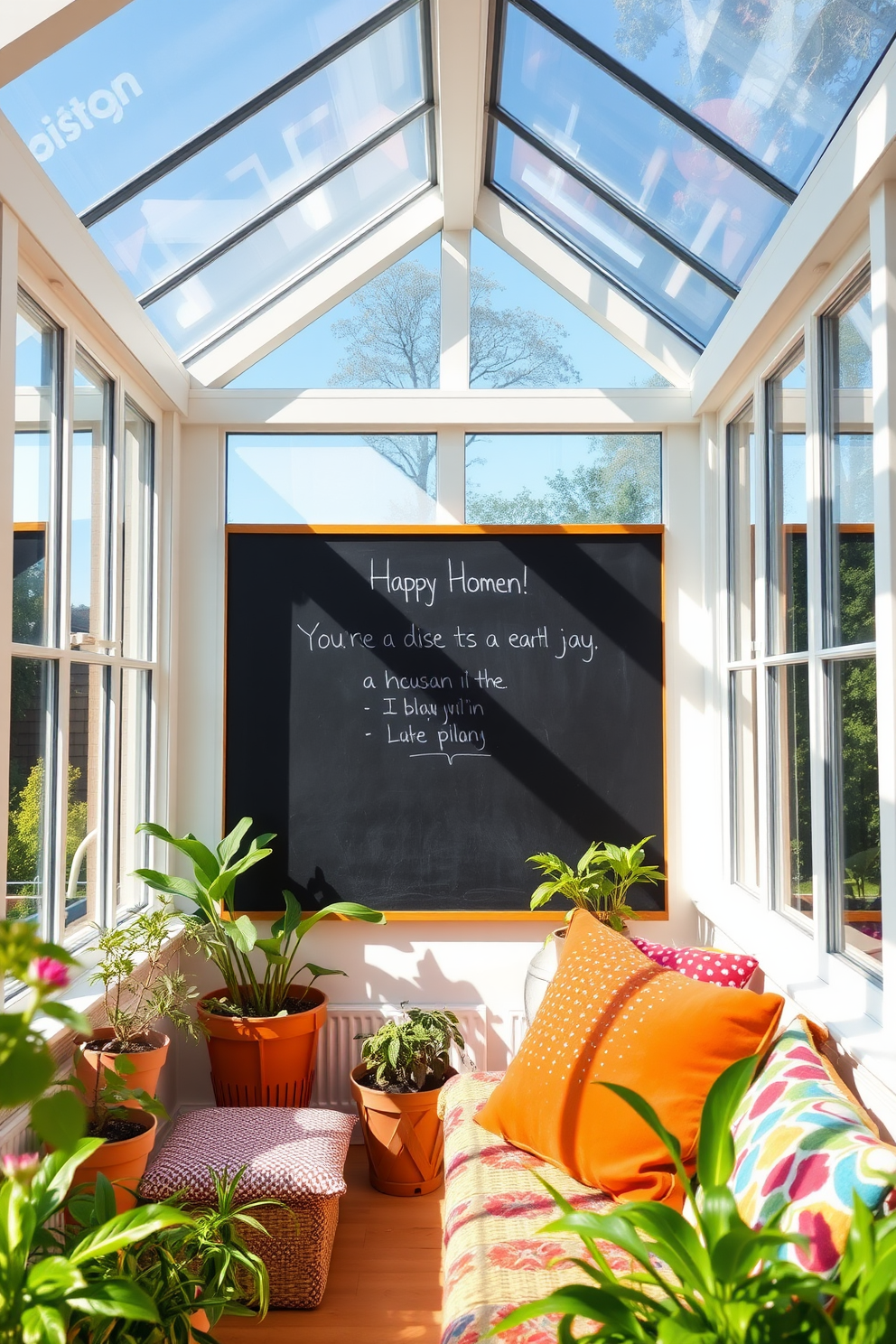 A bright and airy sunroom filled with natural light. The walls are lined with large windows, allowing the summer sun to flood the space. In one corner, a large chalkboard is mounted on the wall, perfect for writing seasonal messages. Surrounding the chalkboard are potted plants and colorful cushions on a cozy seating area.