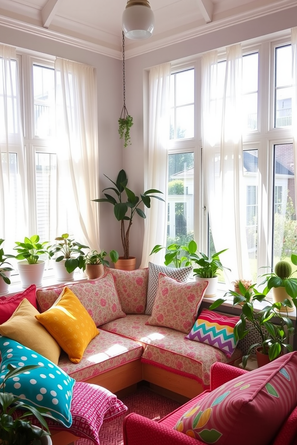 A vibrant sunroom filled with natural light. The space features an array of playful patterned cushions and throws in bright colors, adding a cheerful touch to the seating area. Large windows adorned with sheer curtains allow sunlight to filter in softly. Potted plants in various sizes are scattered throughout, enhancing the lively atmosphere of the room.