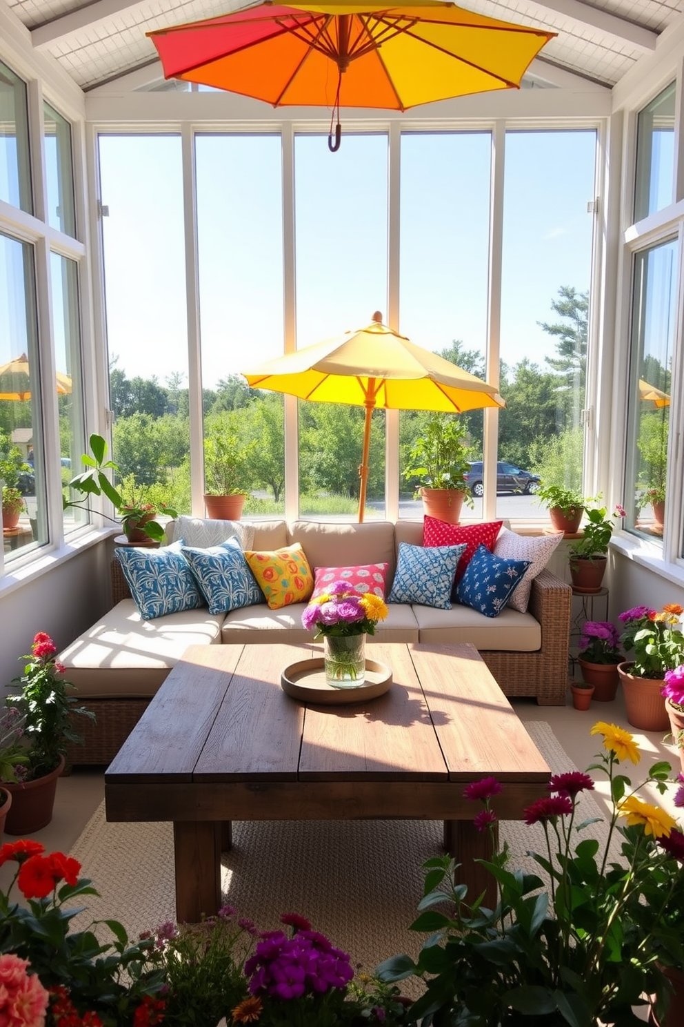 A bright and airy summer sunroom filled with natural light. In the center, a cozy seating area features a plush sectional sofa adorned with colorful throw pillows and a large coffee table made of reclaimed wood. A fun sun umbrella stands tall in the corner, providing shade and a pop of color. Surrounding the space are potted plants and vibrant flowers, enhancing the cheerful atmosphere of the sunroom.