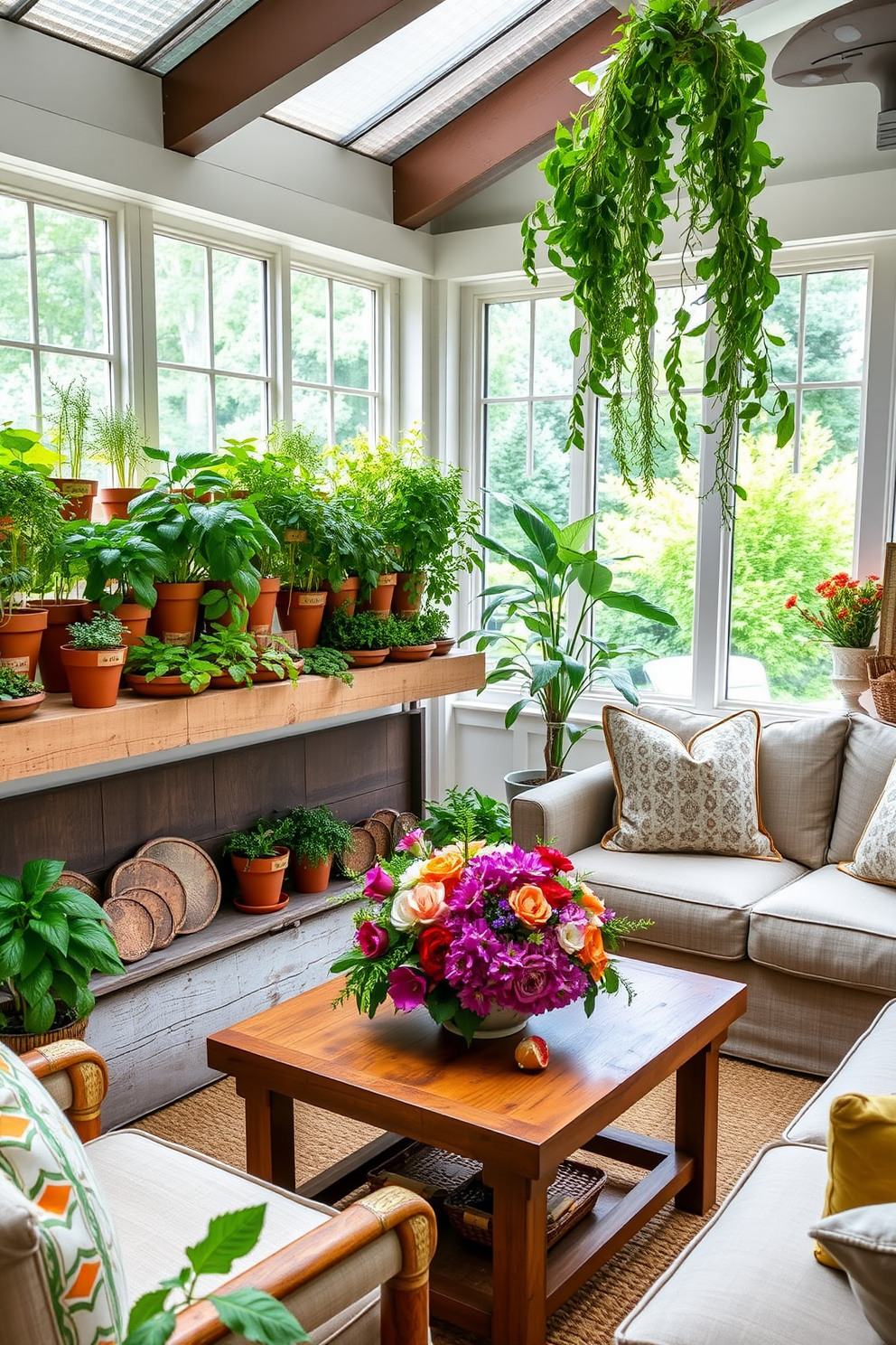 Create a small indoor garden filled with fresh herbs such as basil, mint, and rosemary. The garden features a rustic wooden shelf lined with terracotta pots, each labeled with the herb name. In the summer sunroom, large windows allow natural light to flood the space, enhancing the vibrant greenery. Soft, comfortable seating is arranged around a central coffee table adorned with a colorful floral arrangement.