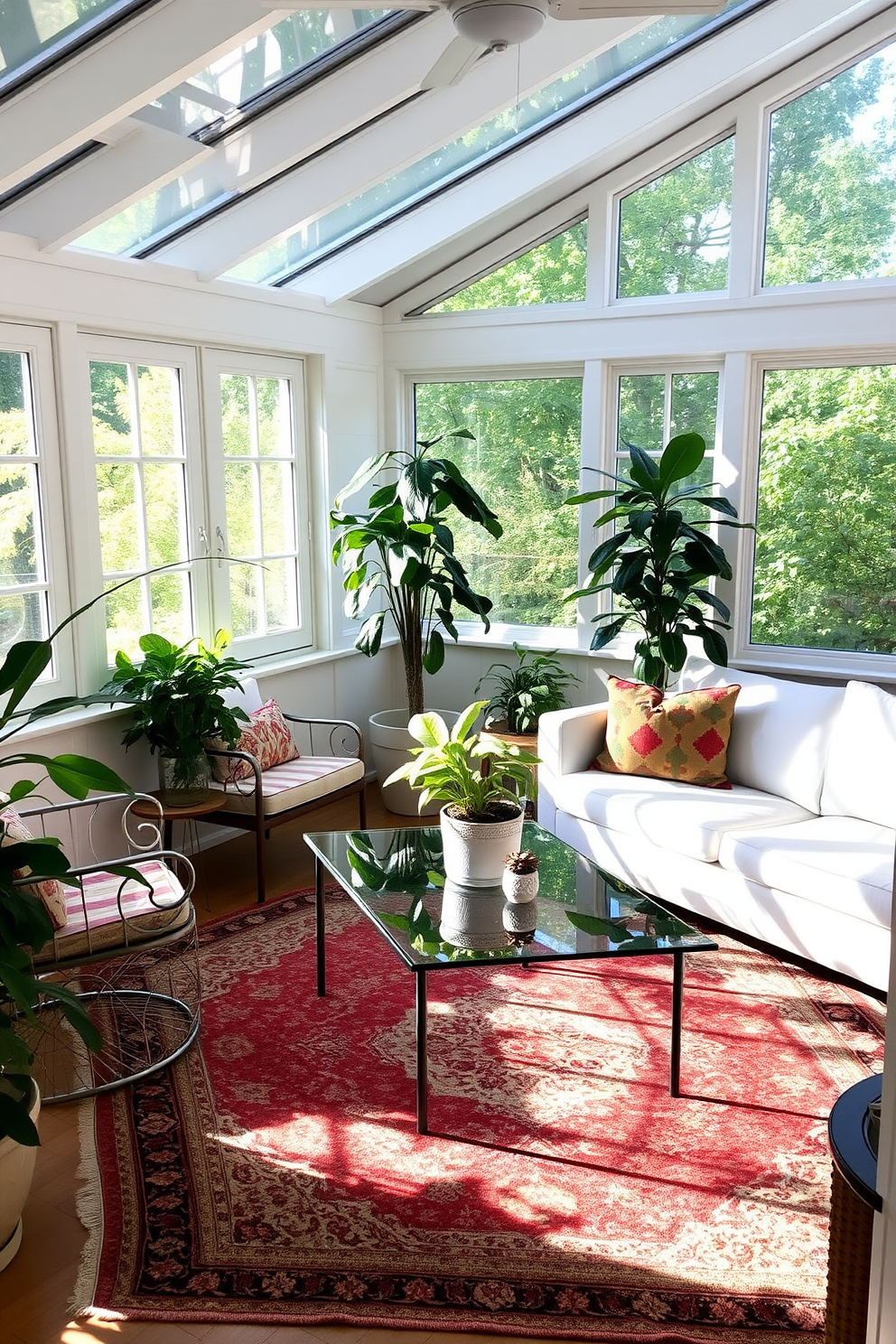 A bright and airy sunroom filled with natural light. The space features a blend of modern furniture and vintage decor, including a sleek glass coffee table paired with a classic wrought iron chair. Lush green plants are strategically placed around the room, adding a refreshing touch. A vintage rug anchors the space, while colorful throw pillows on a contemporary sectional invite relaxation.