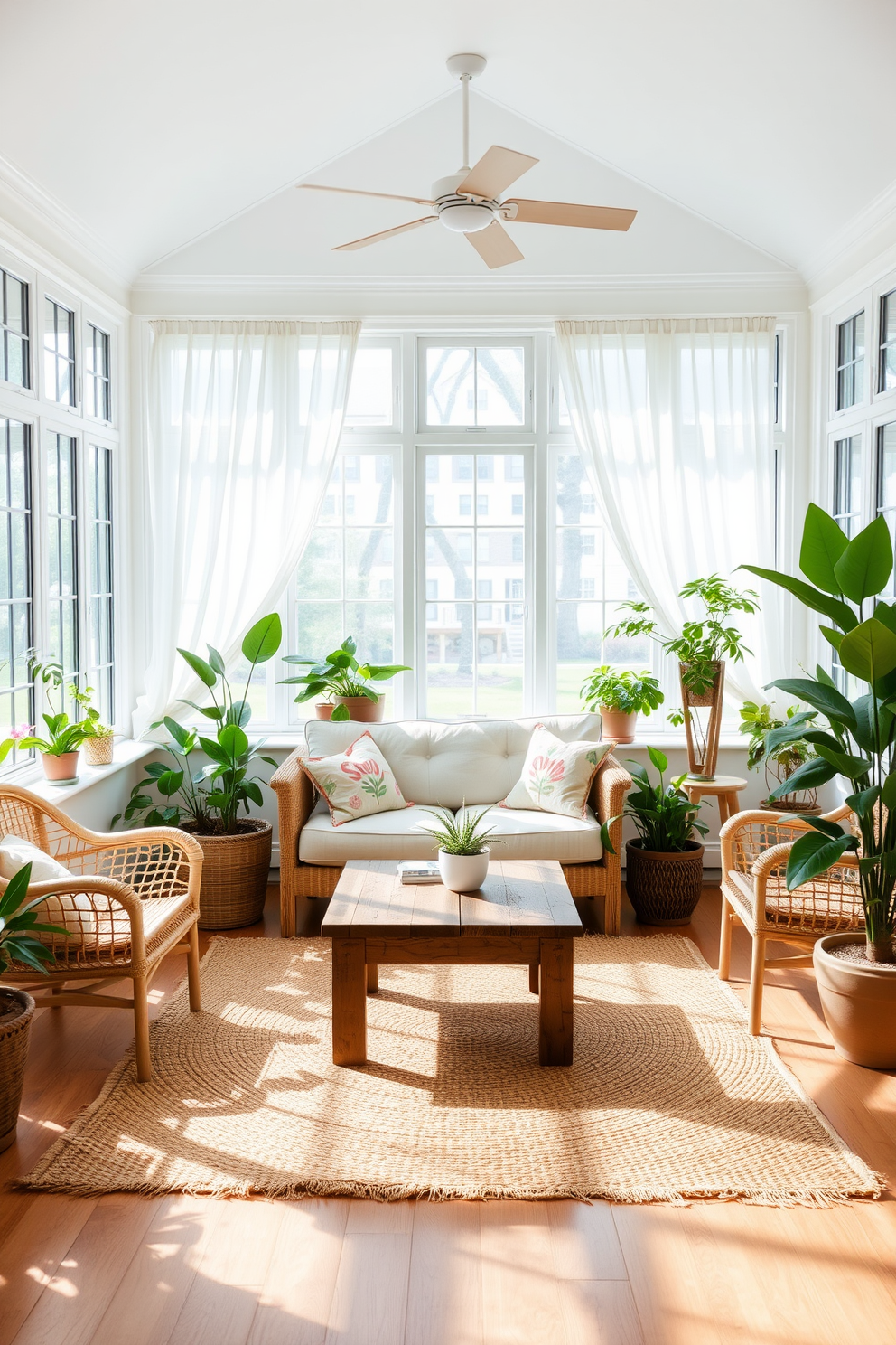 A bright summer sunroom filled with natural light. The space features large windows adorned with sheer white curtains, allowing sunlight to filter in softly. In the center, a comfortable seating arrangement includes a light-colored sofa and a couple of woven chairs. A jute area rug anchors the space, adding texture and warmth to the wooden floor. Potted plants in various sizes are placed around the room, bringing a touch of nature indoors. A small coffee table made of reclaimed wood sits in front of the sofa, perfect for holding drinks and snacks.