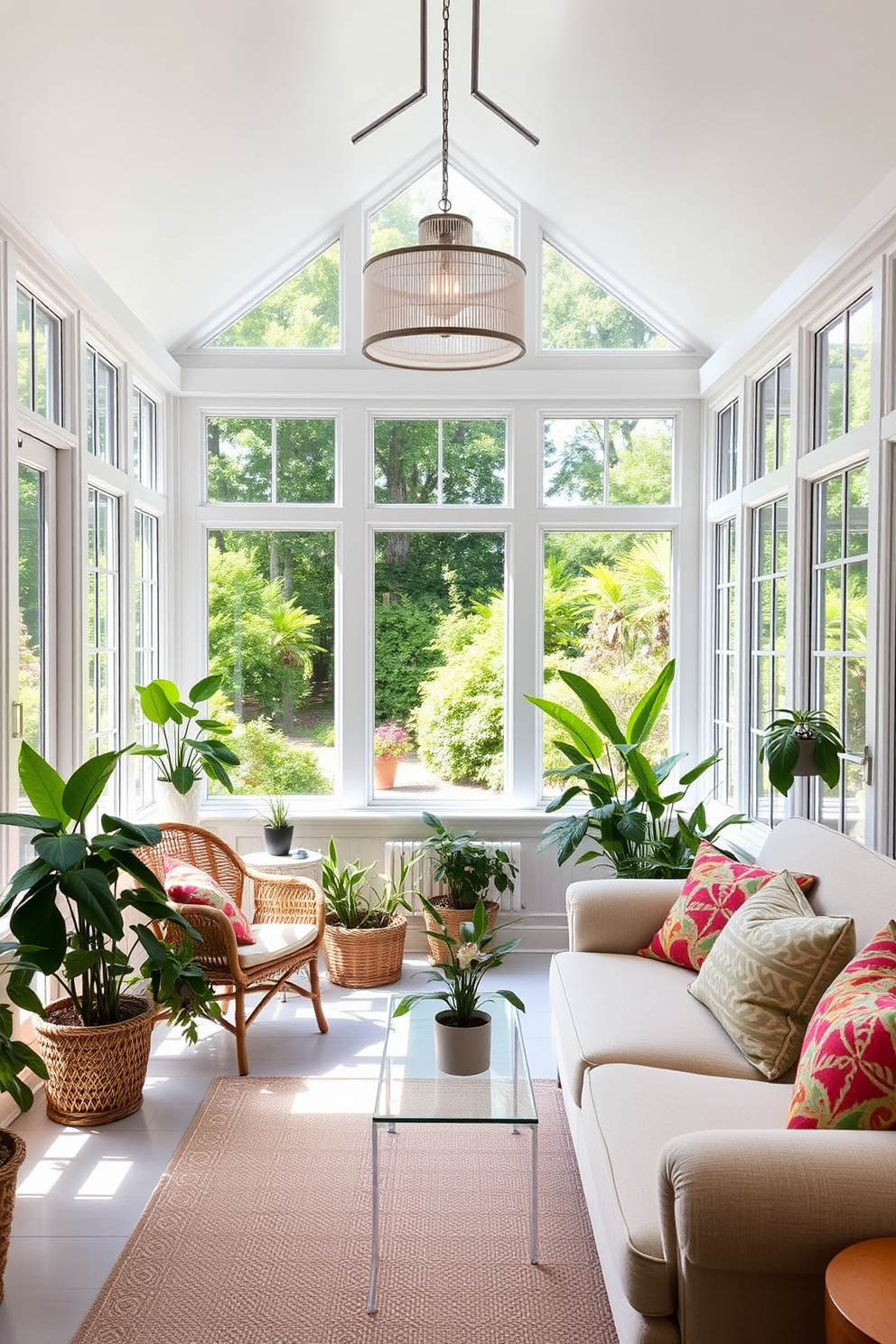 A bright and airy sunroom filled with natural light. Large windows line the walls, offering a view of a lush garden outside, while a statement light fixture hangs elegantly from the ceiling. Cozy seating arrangements include a mix of rattan chairs and a plush sofa adorned with colorful throw pillows. Potted plants are strategically placed throughout the space, enhancing the vibrant and inviting atmosphere.