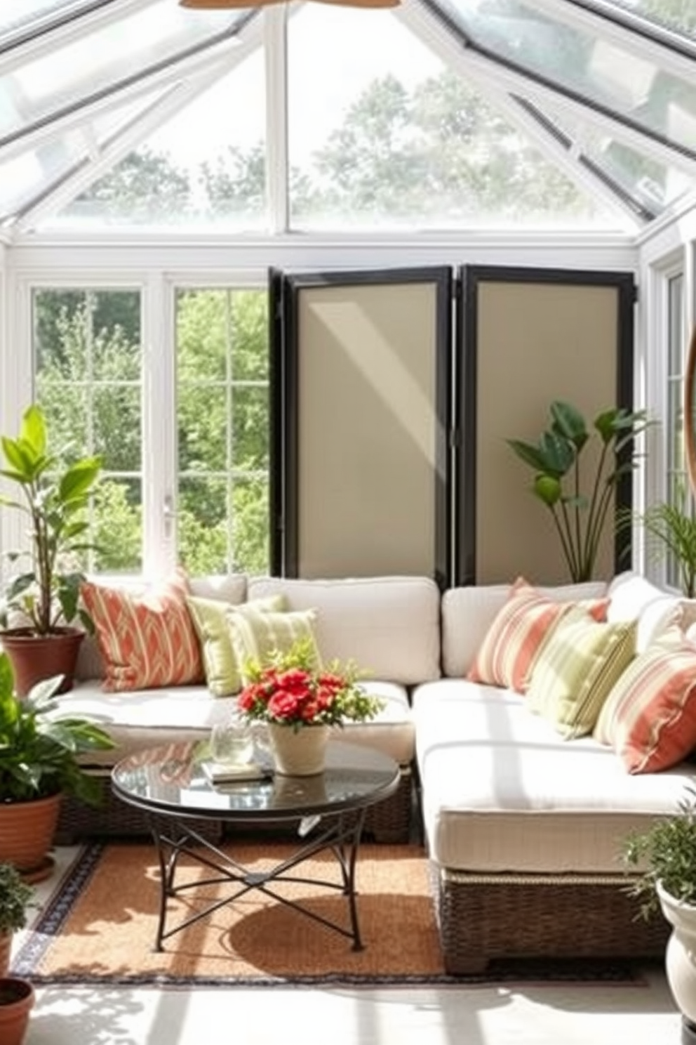 A bright summer sunroom filled with natural light. The space features a comfortable seating area with a plush sectional sofa adorned with colorful throw pillows. A folding screen is positioned to create a sense of privacy while maintaining an open feel. Potted plants are placed around the room, adding a touch of greenery and freshness to the decor.