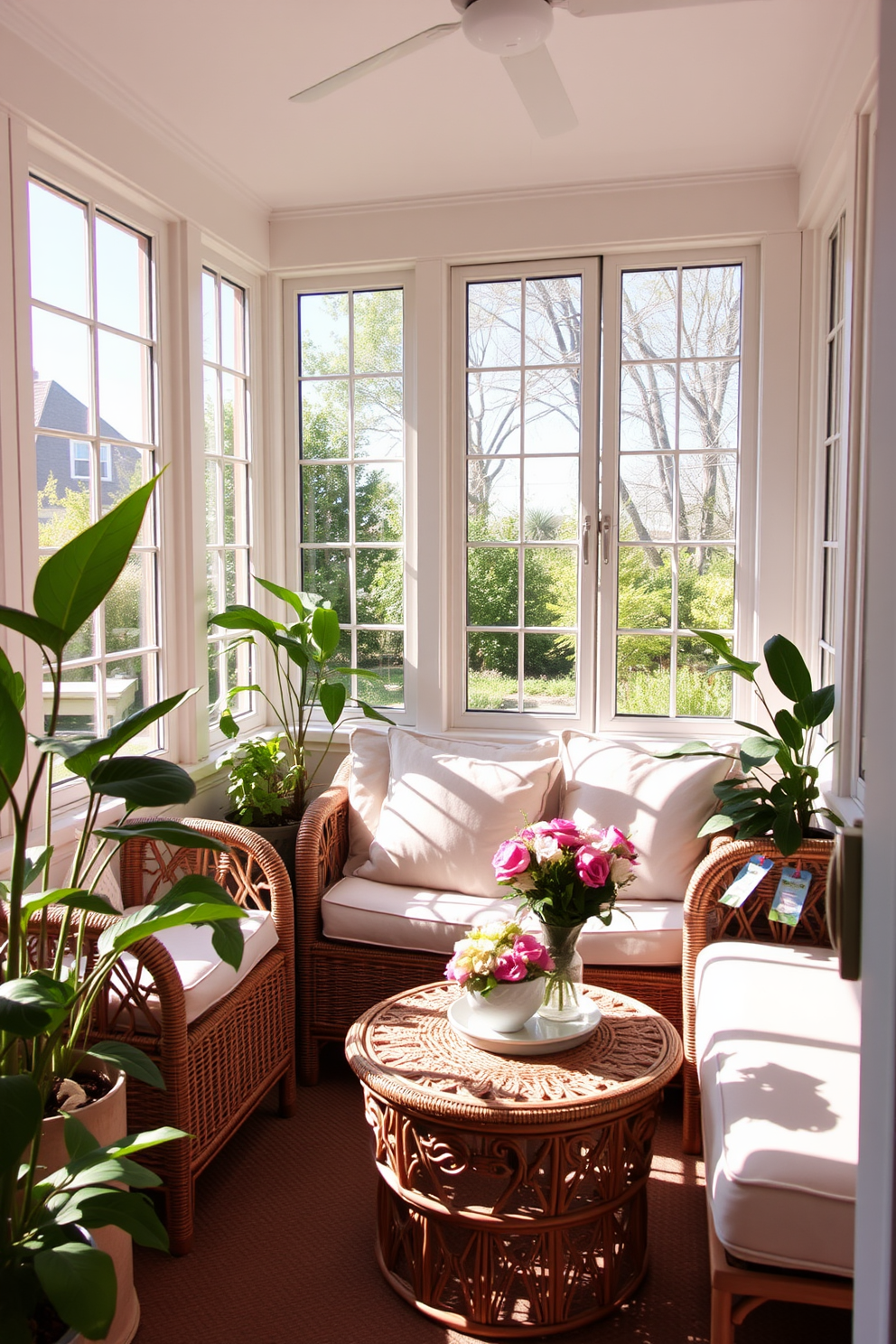 A cozy rattan seating area is nestled in a sun-drenched summer sunroom. The space features plush cushions in soft pastel hues and a small round coffee table adorned with a vibrant floral arrangement. Large windows allow natural light to flood the room, creating a warm and inviting atmosphere. Indoor plants are strategically placed around the seating area, enhancing the fresh and airy feel of the sunroom.