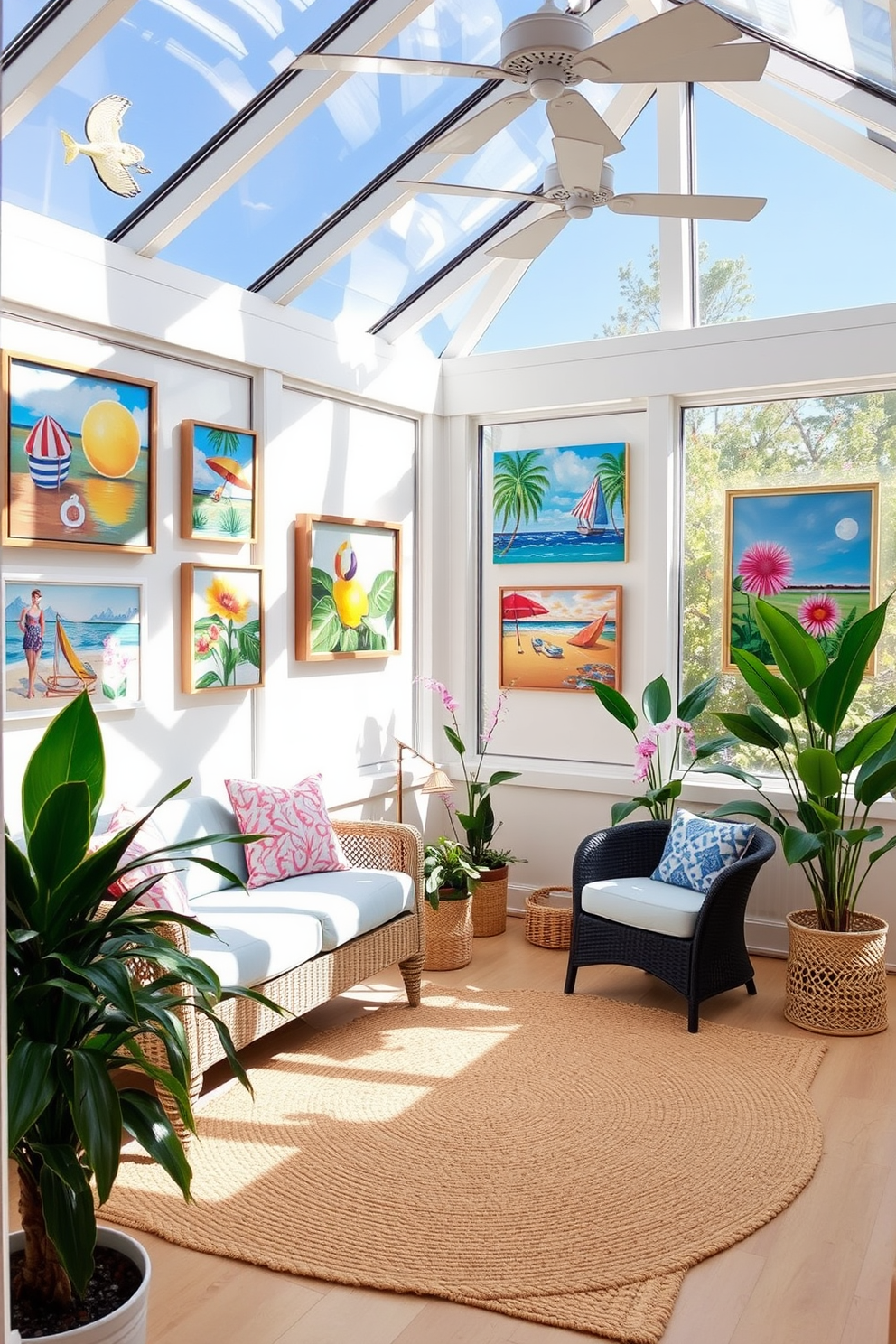 A bright and airy sunroom filled with summer-themed artwork adorning the walls. The space features large windows that let in ample natural light, with comfortable seating arranged for relaxation and enjoyment of the vibrant decor. The walls are painted in a soft pastel color, complementing the colorful art pieces. A mix of tropical plants adds a refreshing touch, while a light, woven rug anchors the seating area.