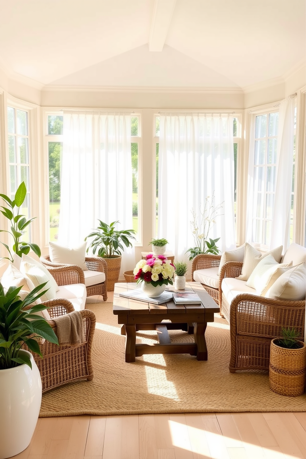 A bright and airy sunroom filled with natural light. The walls are painted in a soft cream color, enhancing the warmth of the space. Comfortable seating is arranged around a rustic wooden coffee table, adorned with fresh flowers. Large windows draped with sheer white curtains allow for a seamless connection to the outdoors. Decorative elements like potted plants and light-colored cushions add a touch of summer charm. A woven rug in neutral tones anchors the space, creating a cozy atmosphere for relaxation.