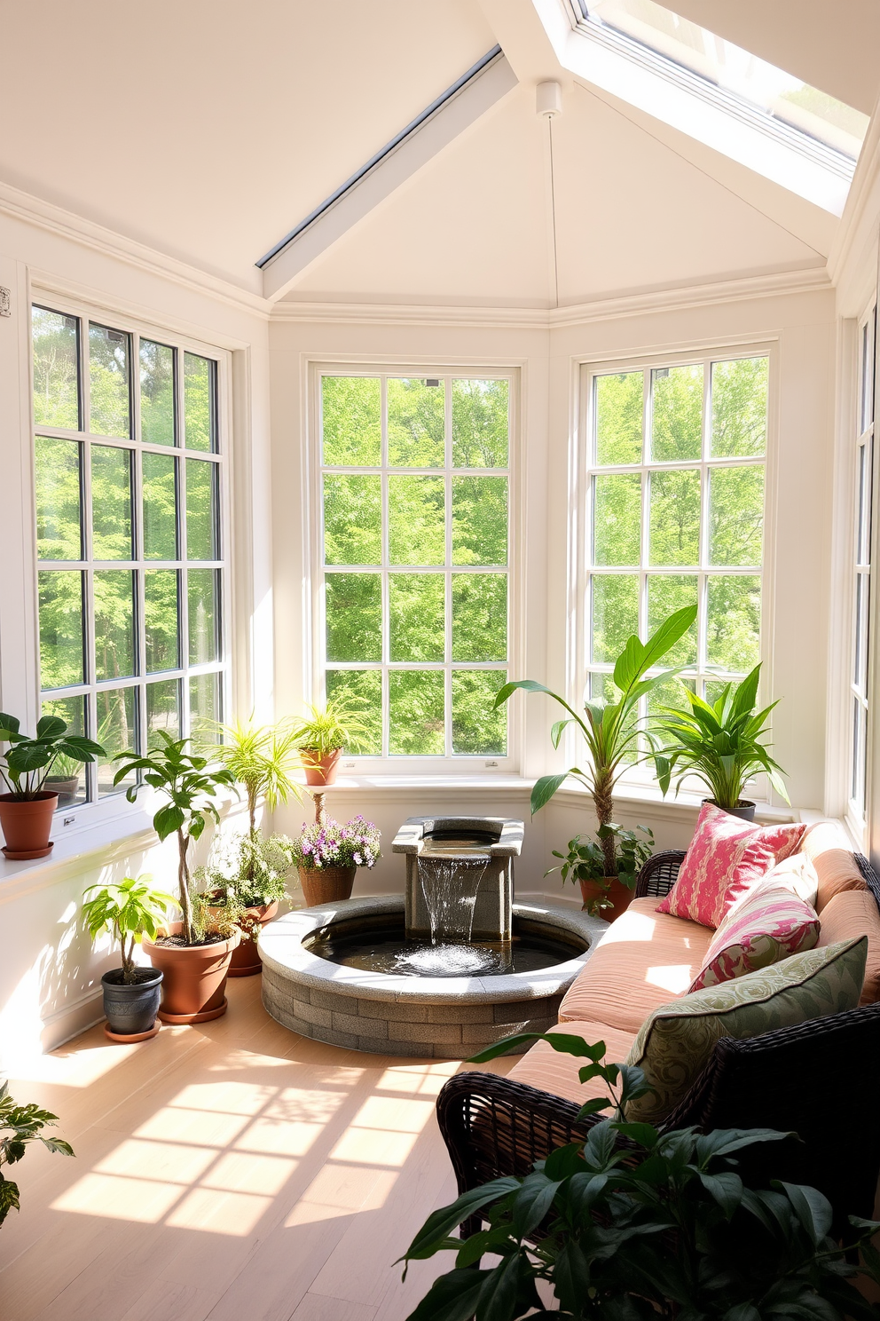 A bright and airy sunroom filled with natural light streaming through large windows. In the corner, a small indoor fountain gently cascades water, creating a serene atmosphere. The walls are painted in a soft pastel hue, complementing the light wood flooring. Cozy seating arrangements with colorful cushions invite relaxation, while potted plants add a touch of greenery throughout the space.