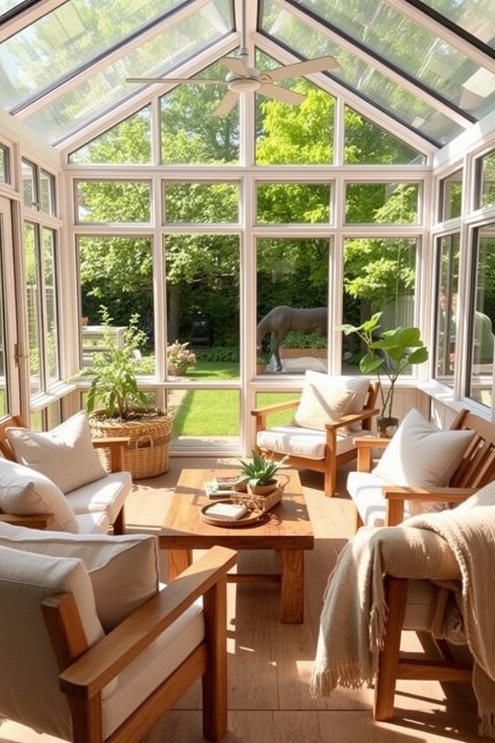 A bright and airy sunroom filled with natural light. The space features large windows that open up to a lush garden, creating a seamless connection with the outdoors. Incorporate natural wood furniture, such as a rustic coffee table and comfortable chairs, to add warmth and coziness. Soft, light-colored cushions and throws enhance the inviting atmosphere, making it the perfect spot for relaxation.