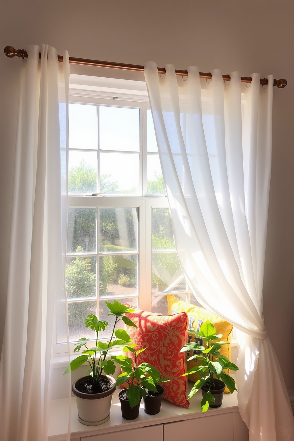 Lightweight sheer curtains drape gracefully from a wooden curtain rod, allowing soft natural light to filter into the room. The curtains are in a soft white fabric, creating an airy atmosphere that enhances the summer vibe. Colorful decorative pillows are arranged on a cozy window seat, inviting relaxation and enjoyment of the warm breeze. Potted plants with vibrant green leaves sit on the windowsill, adding a touch of nature to the cheerful summer decor.