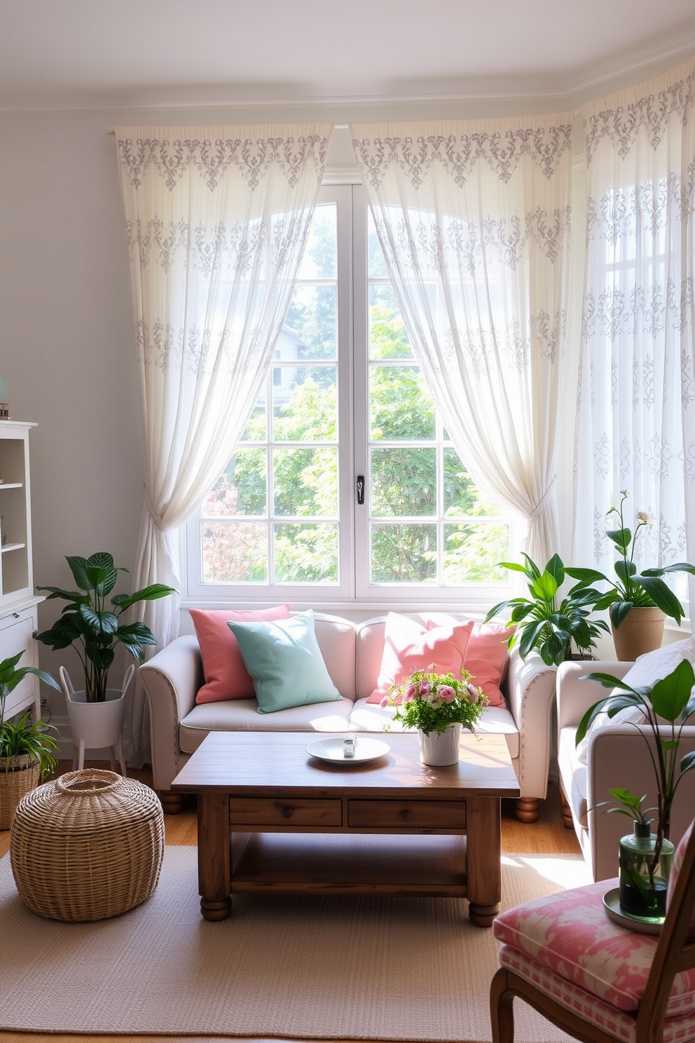 A cozy living room adorned with vintage lace curtains that gently filter the sunlight. The curtains frame a large window overlooking a lush garden, adding a soft and romantic ambiance to the space. A rustic wooden coffee table sits in front of a plush sofa, complemented by pastel-colored throw pillows. Potted plants are strategically placed around the room, enhancing the summer vibe and creating a refreshing atmosphere.