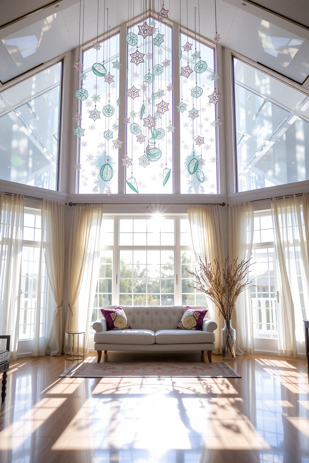 A bright and airy living room filled with natural light. The windows are adorned with delicate sun catchers that create a kaleidoscope of colorful reflections on the walls and floor. The decor features light, sheer curtains that flutter gently in the breeze. A cozy seating area is arranged to enjoy the vibrant light displays throughout the day.