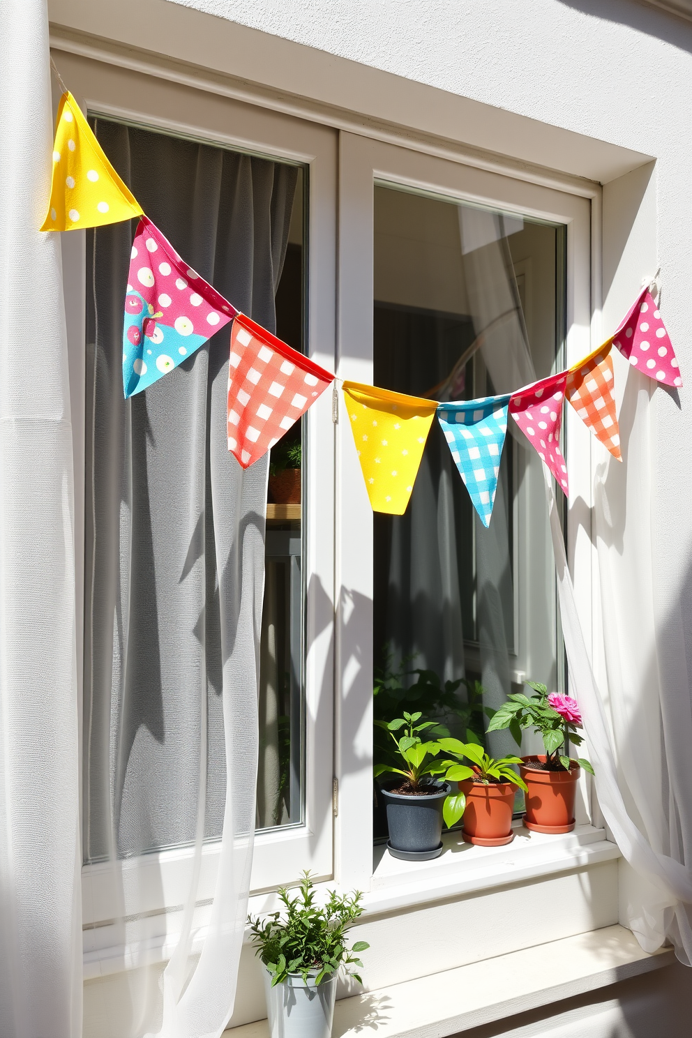 Whimsical fabric bunting drapes gracefully across the window, adding a playful touch to the summer decor. The vibrant colors of the fabric flutter gently in the breeze, creating a cheerful atmosphere. Delicate sheer curtains frame the window, allowing soft sunlight to filter in and illuminate the space. Potted plants sit on the windowsill, complementing the festive bunting with natural greenery.