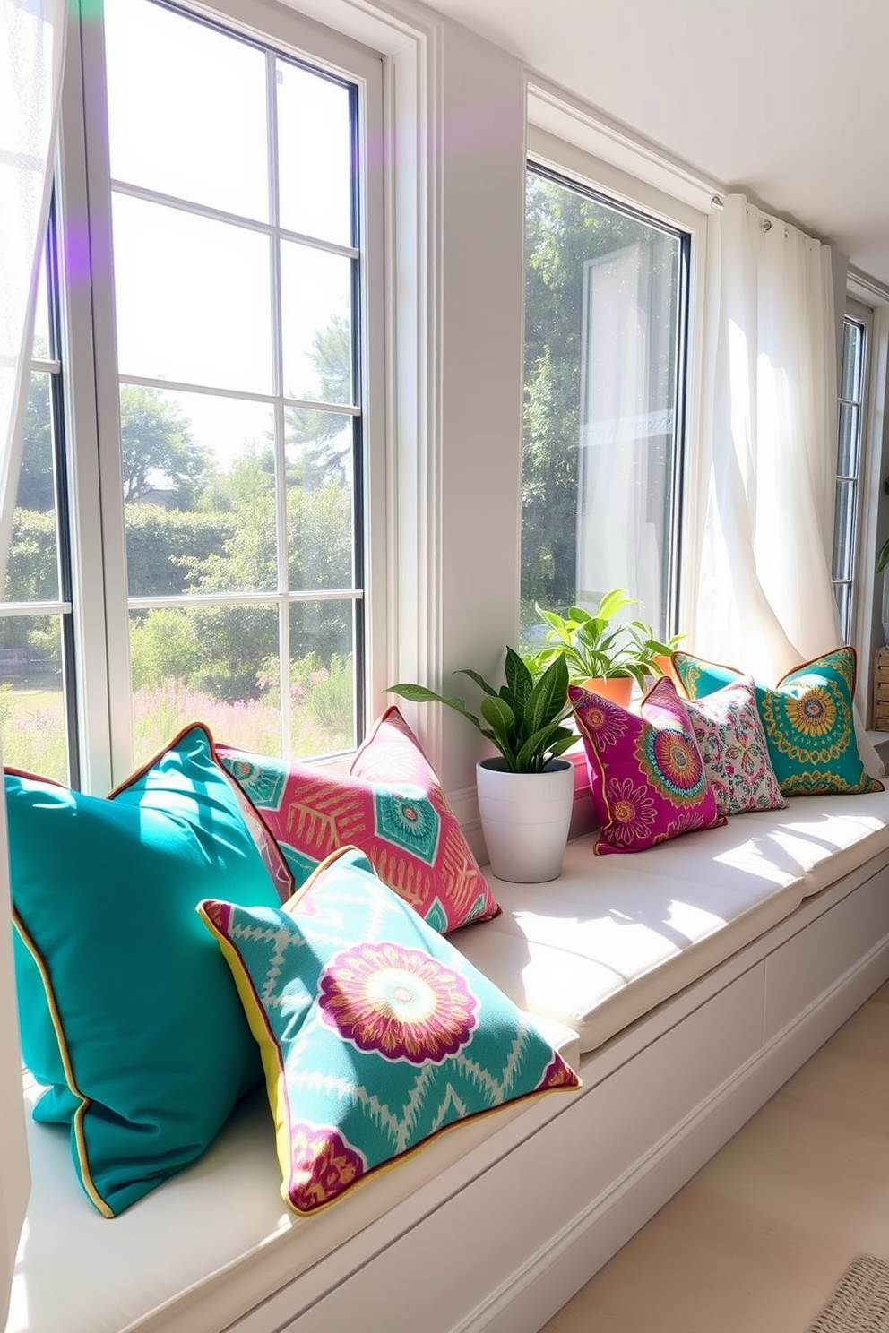 Colorful throw pillows are arranged on cozy window seats, creating a vibrant and inviting atmosphere. The pillows feature a mix of bold patterns and bright colors, enhancing the natural light streaming through the large windows. The window decor is complemented by light, airy curtains that flutter gently in the summer breeze. Potted plants on the windowsill add a touch of greenery, completing the cheerful summer aesthetic.